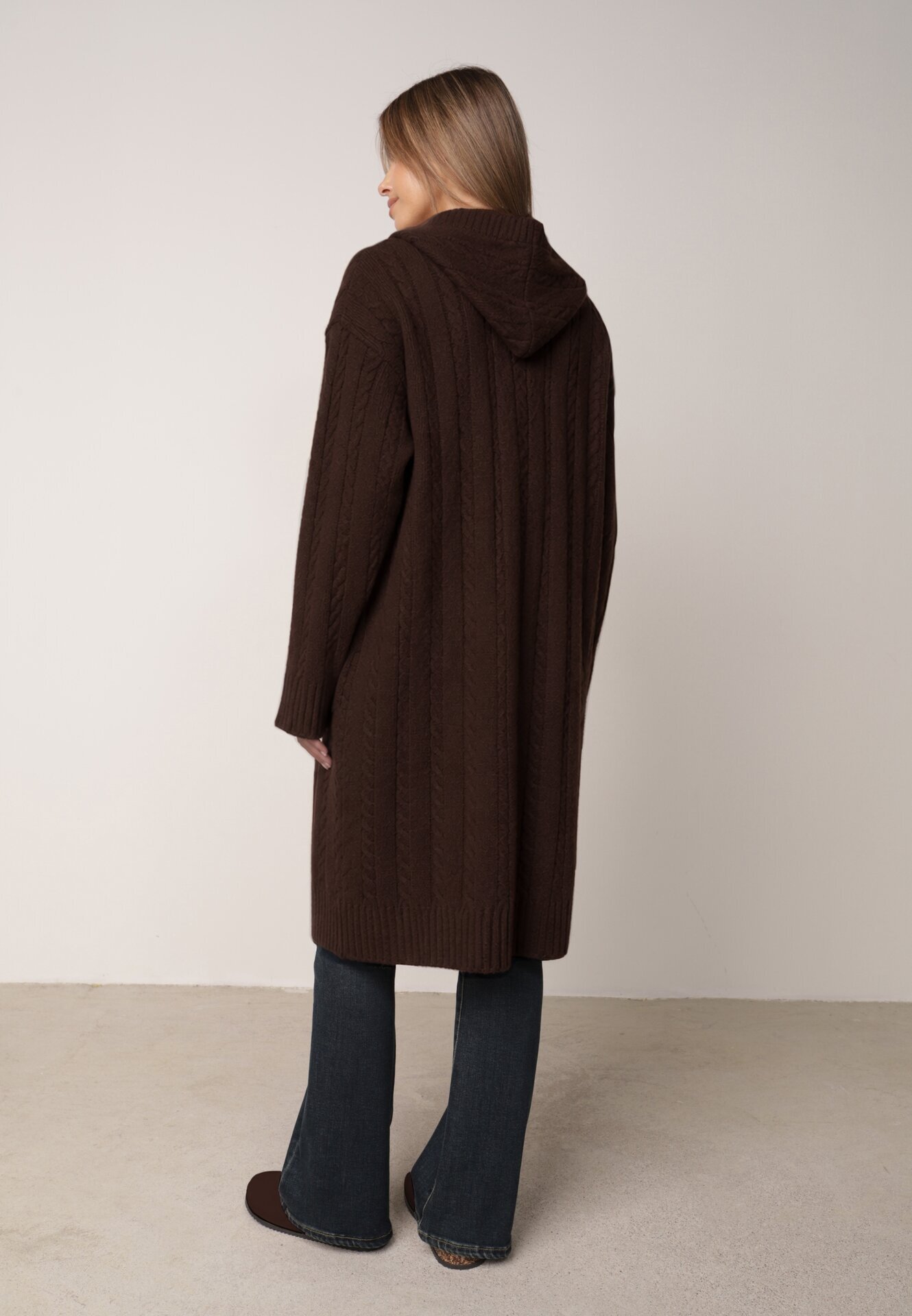 j&x Cardigan lung descheiat cu bumbac lână și glugă cu împletituri Jadani Maro
