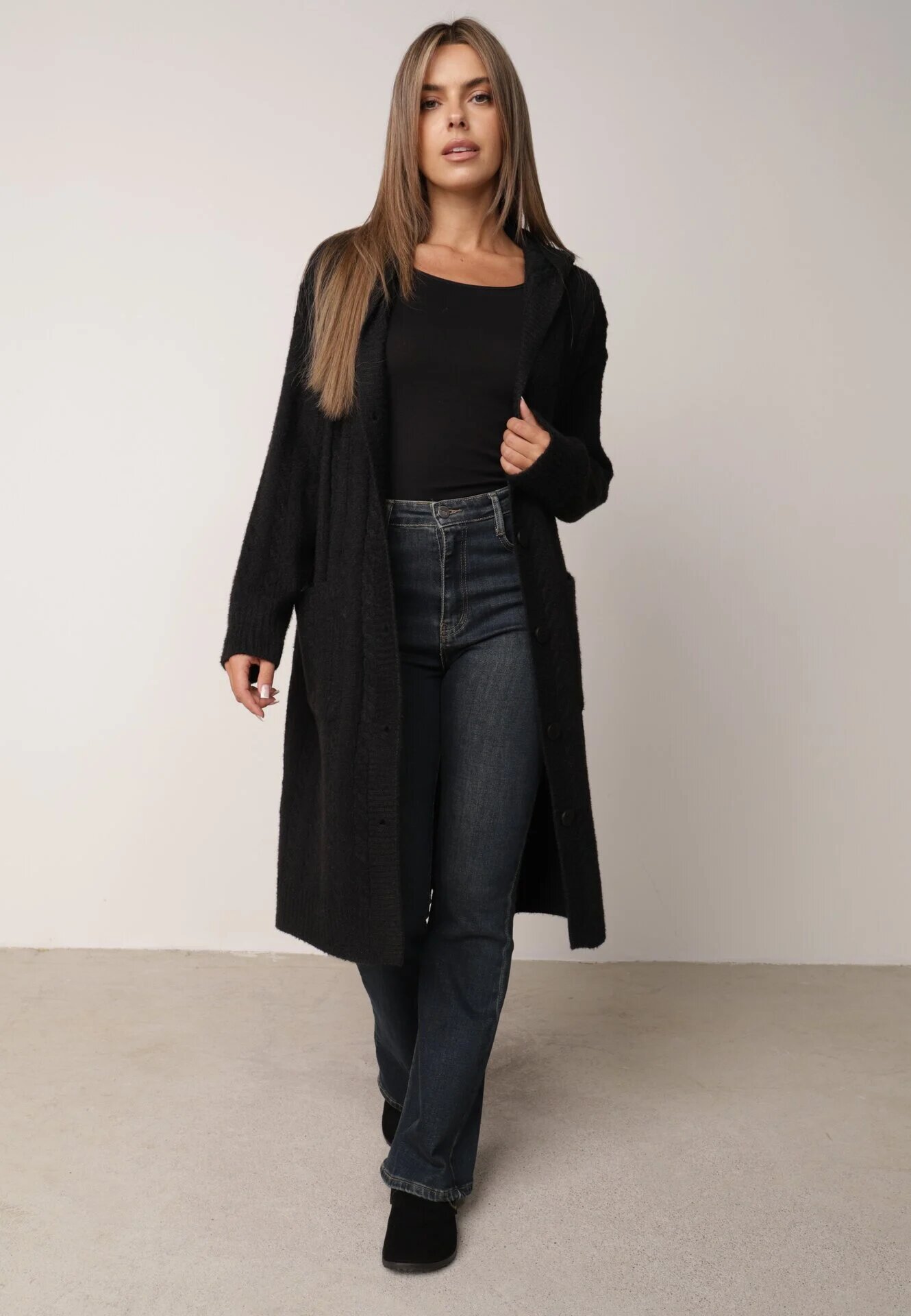 j&x Cardigan lung descheiat cu bumbac lână și glugă cu împletituri Jadani Negru