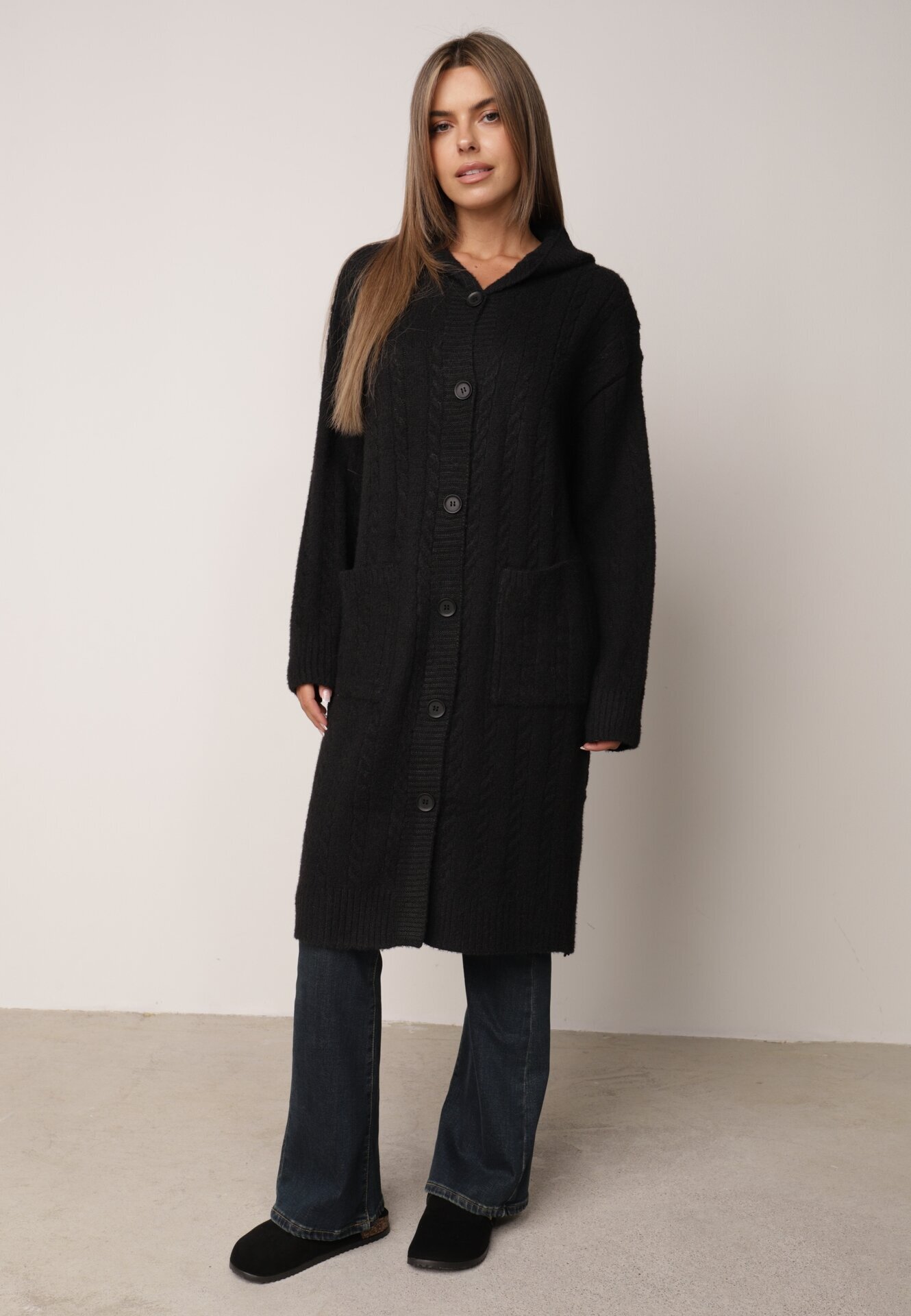 j&x Cardigan lung descheiat cu bumbac lână și glugă cu împletituri Jadani Negru