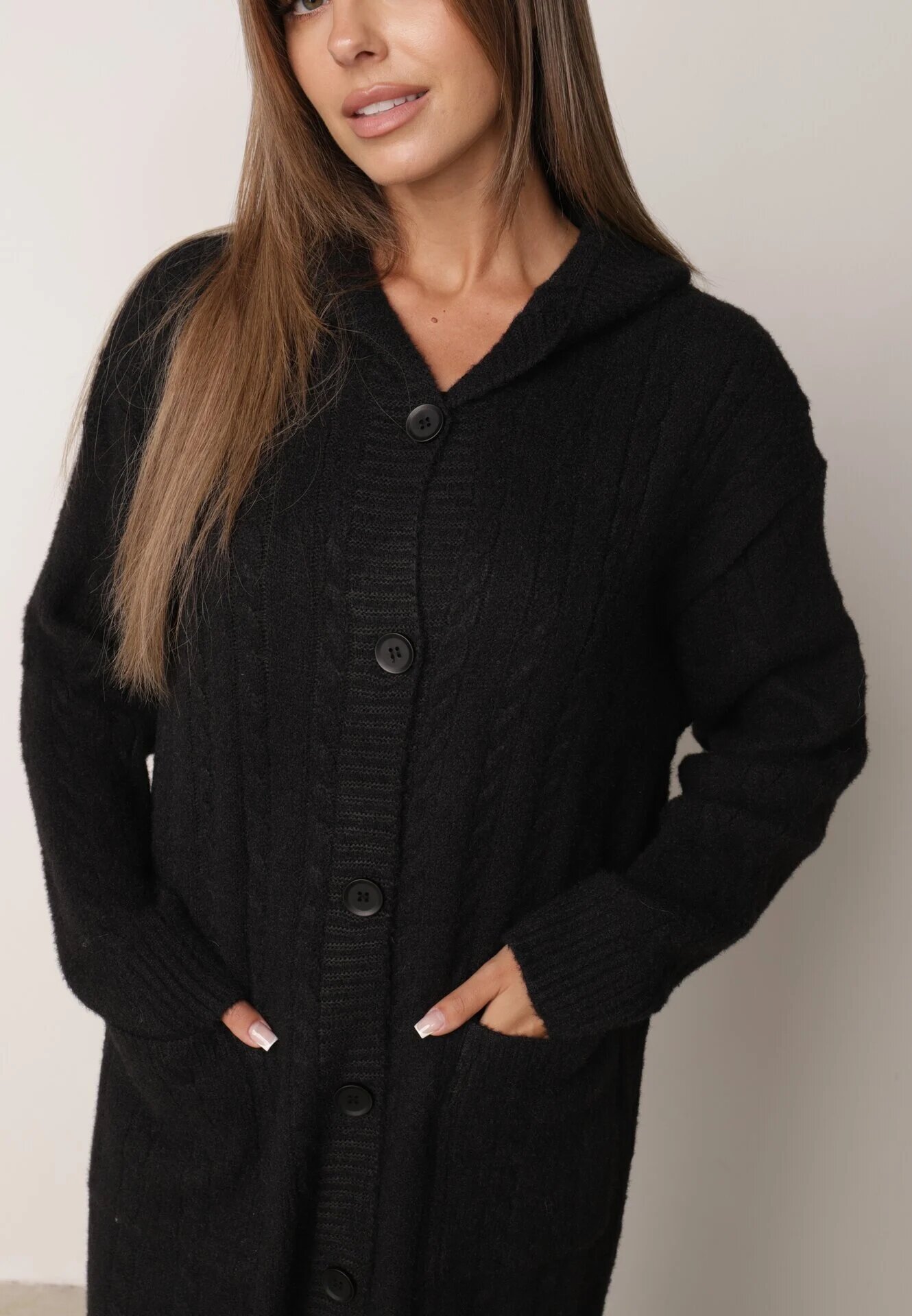 j&x Cardigan lung descheiat cu bumbac lână și glugă cu împletituri Jadani Negru