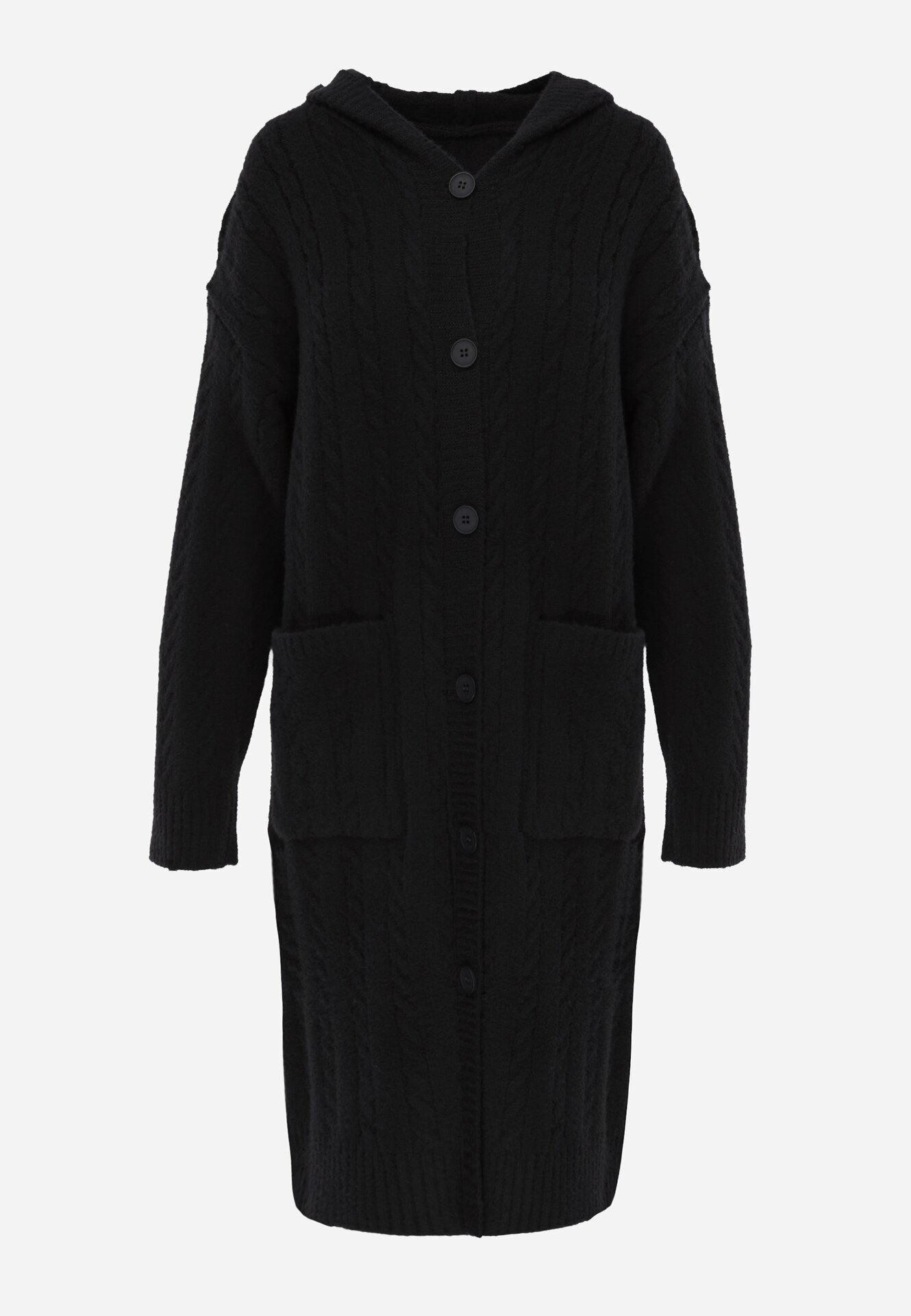 j&x Cardigan lung descheiat cu bumbac lână și glugă cu împletituri Jadani Negru