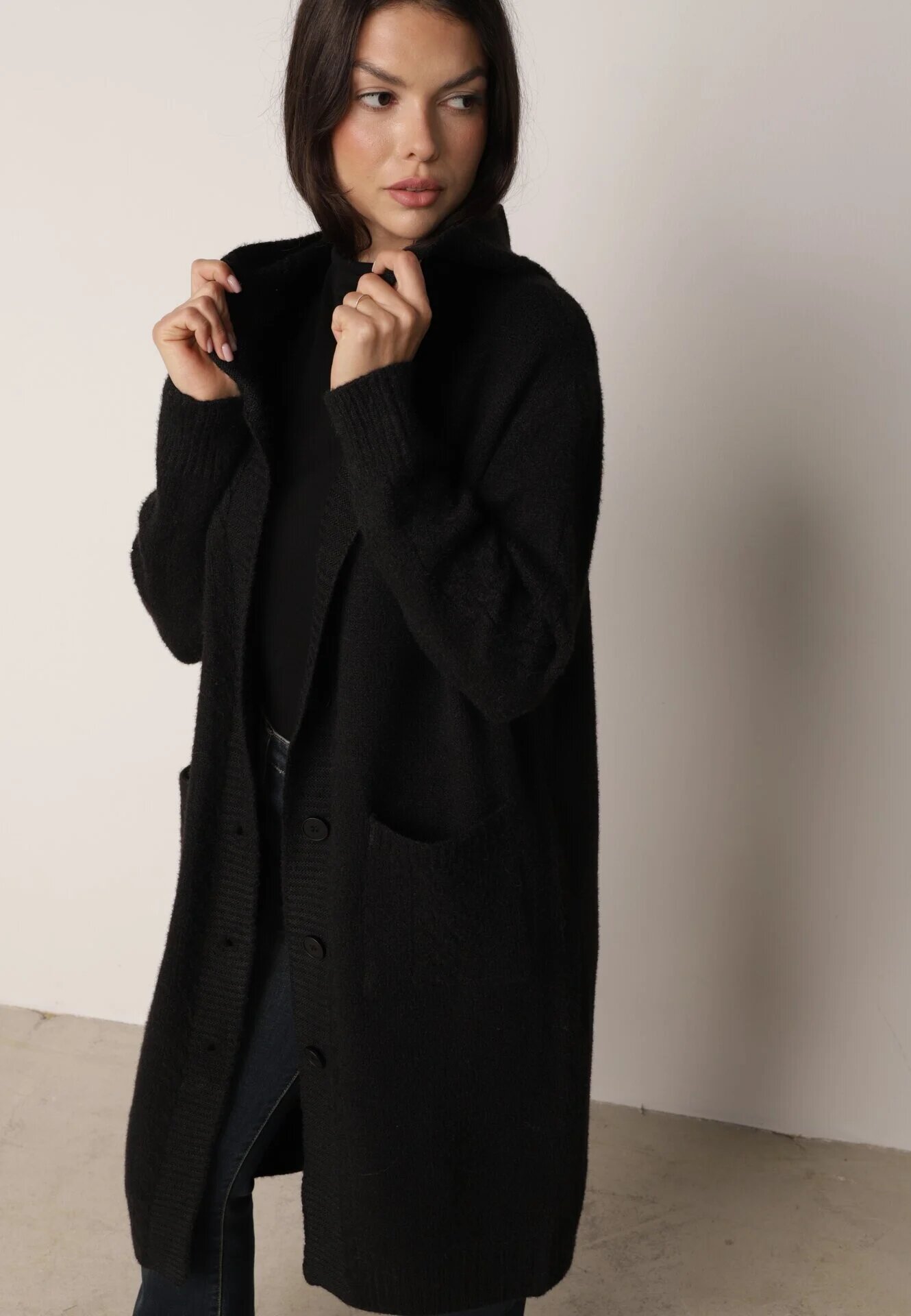 j&x Cardigan lung descheiat cu lână și cu glugă Ciliafa Negru