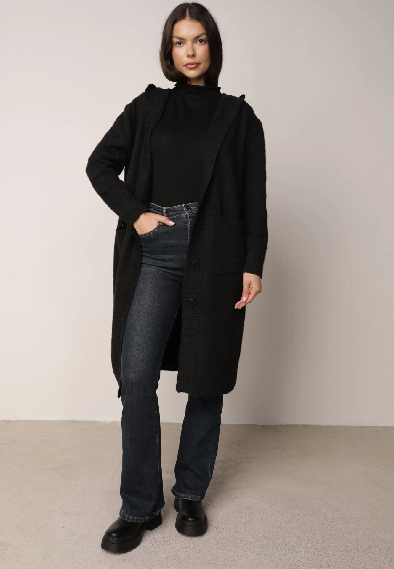 j&x Cardigan lung descheiat cu lână și cu glugă Ciliafa Negru