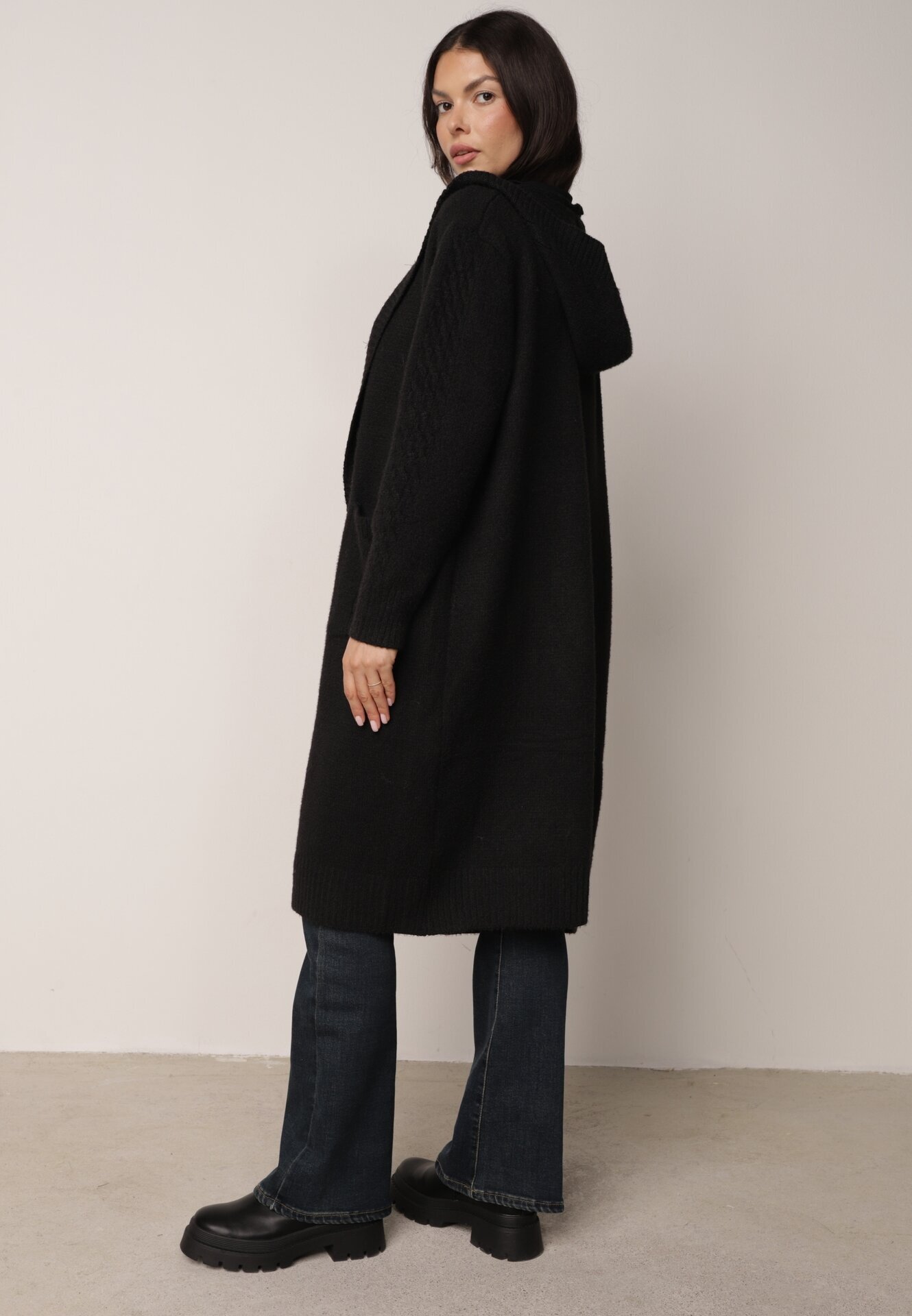 j&x Cardigan lung descheiat cu lână și cu glugă Ciliafa Negru