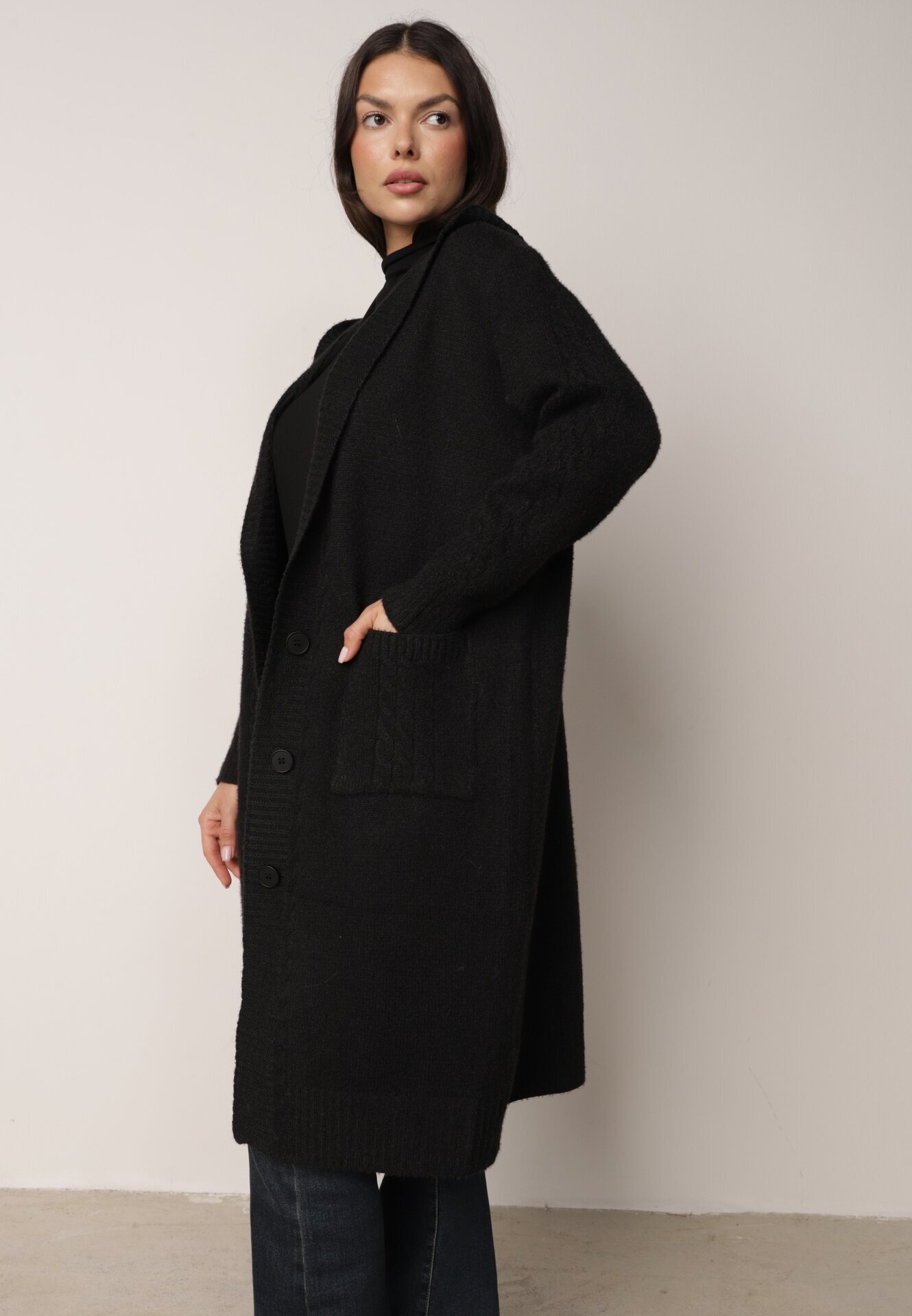 j&x Cardigan lung descheiat cu lână și cu glugă Ciliafa Negru