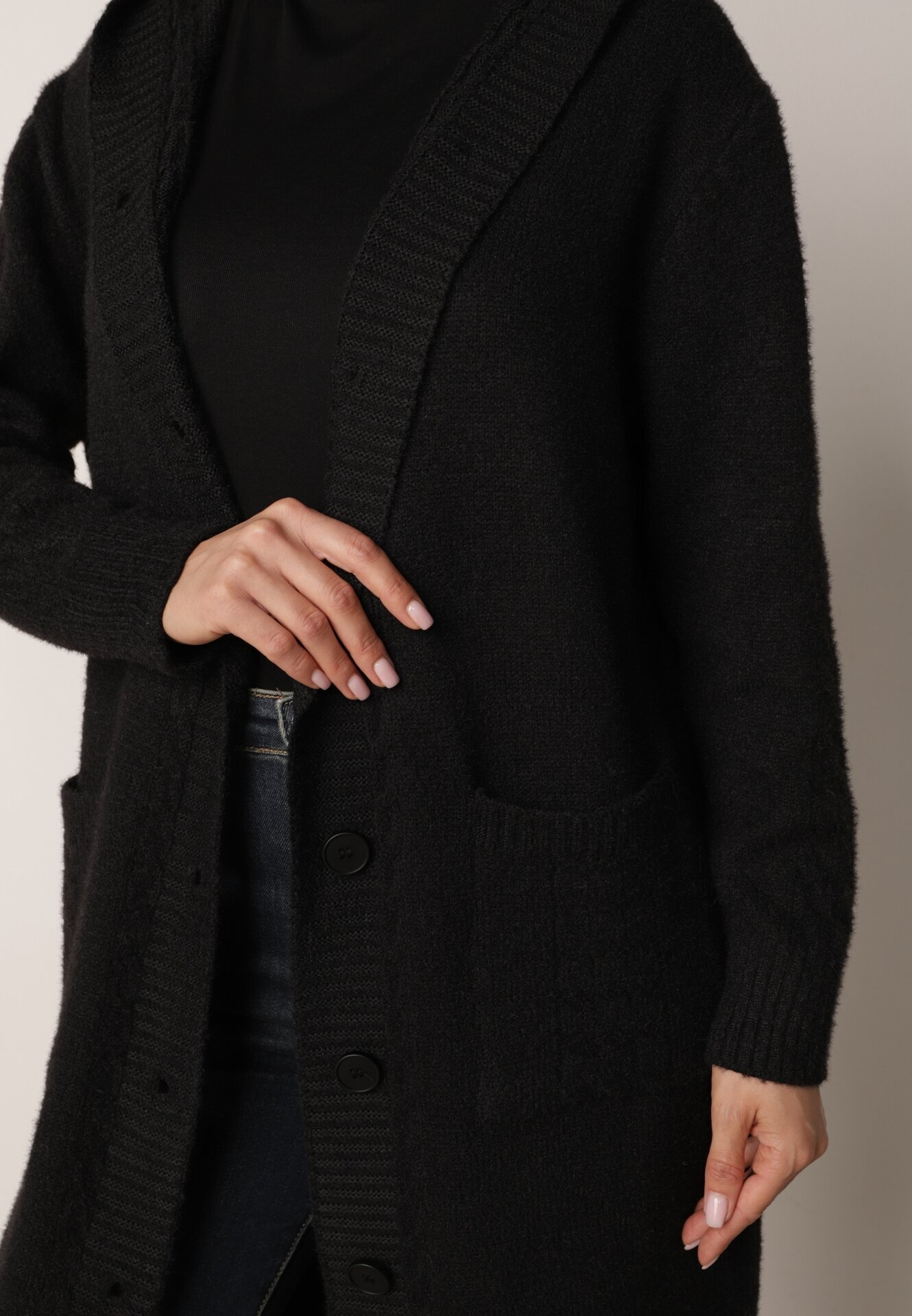 j&x Cardigan lung descheiat cu lână și cu glugă Ciliafa Negru