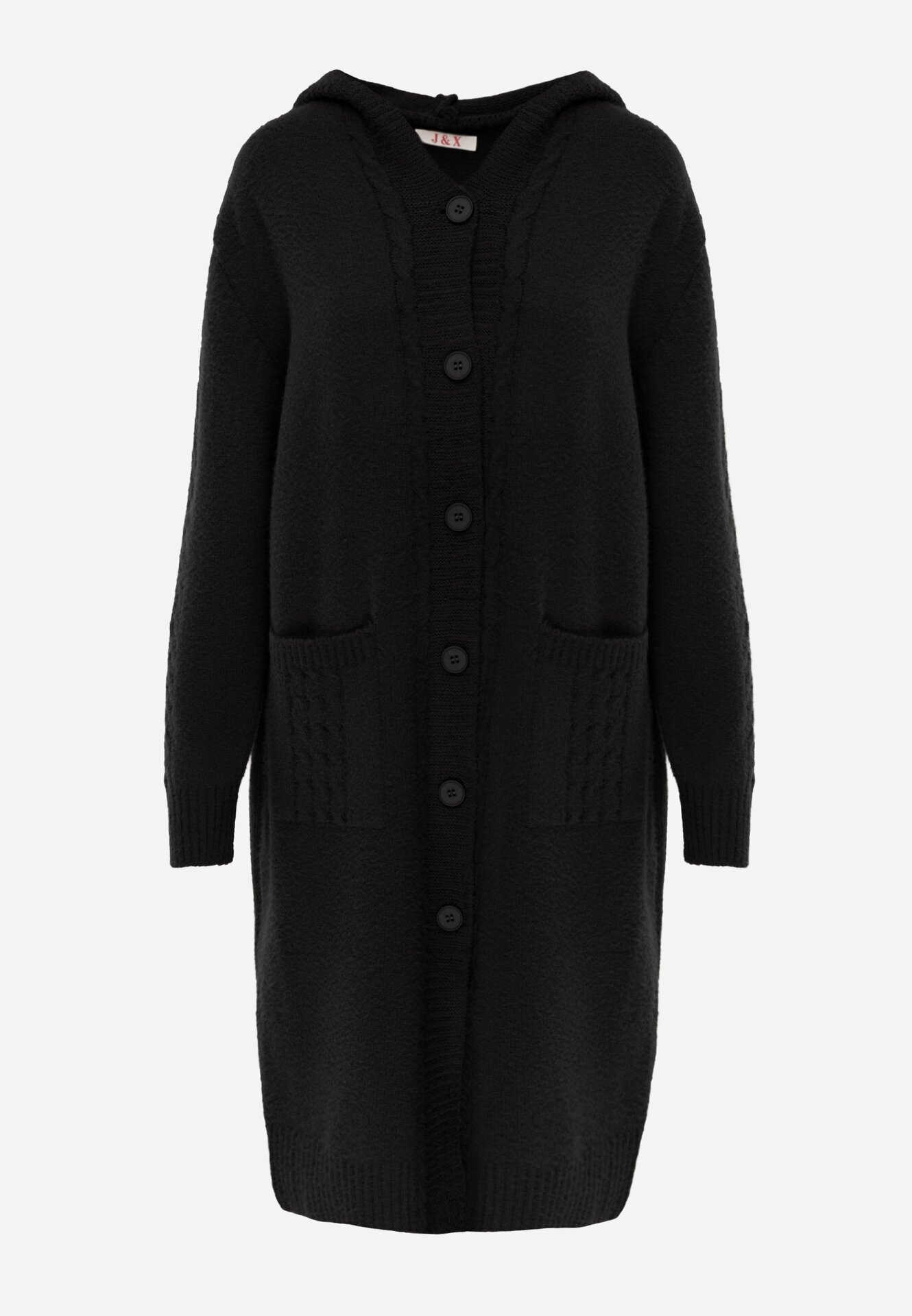 j&x Cardigan lung descheiat cu lână și cu glugă Ciliafa Negru