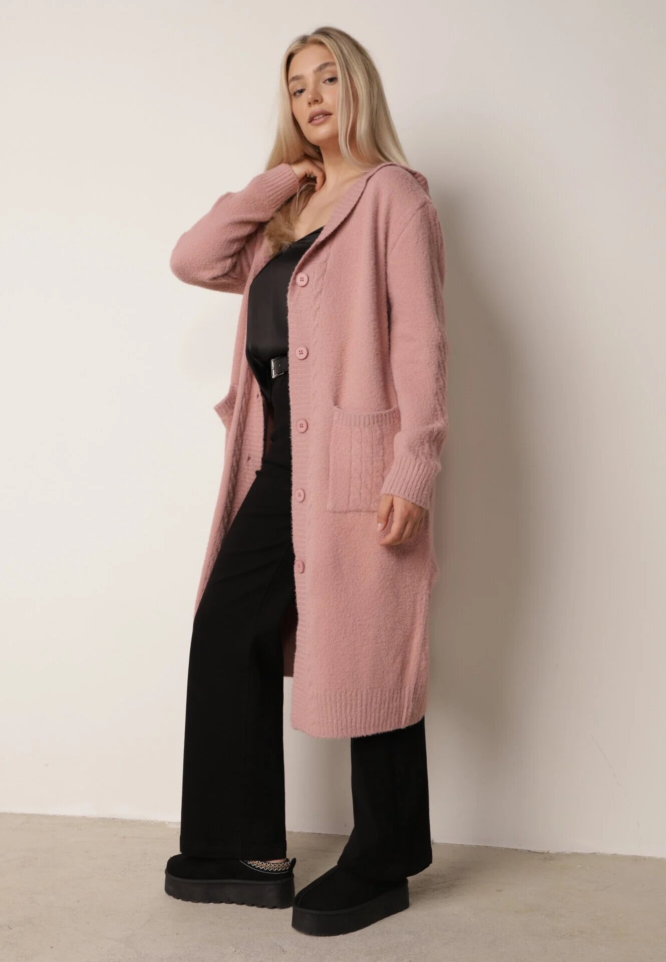 j&x Cardigan lung descheiat cu lână și cu glugă Ciliafa Roz
