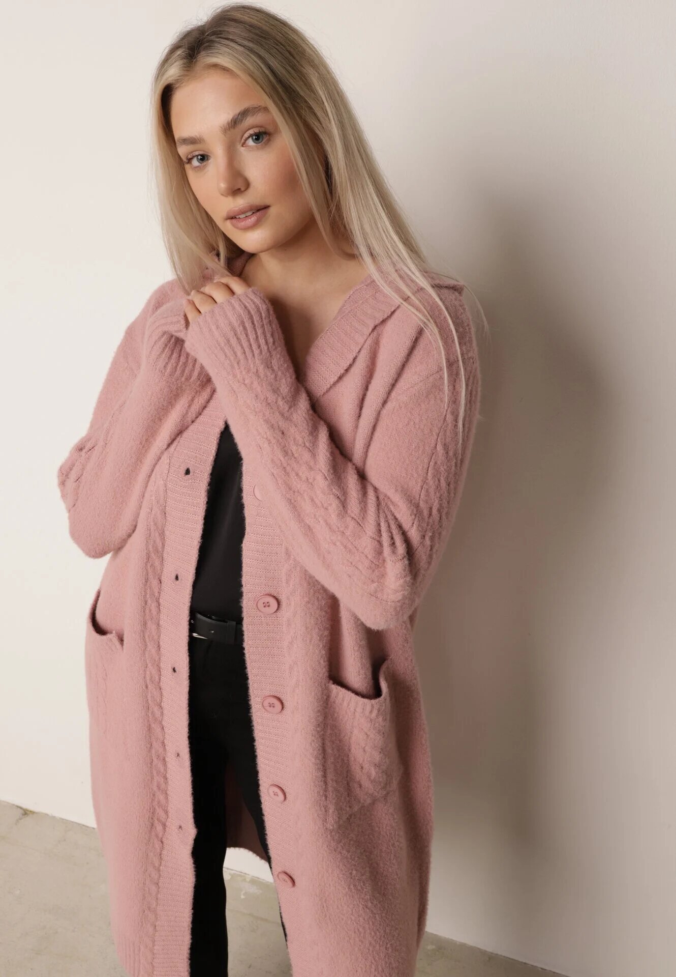 j&x Cardigan lung descheiat cu lână și cu glugă Ciliafa Roz