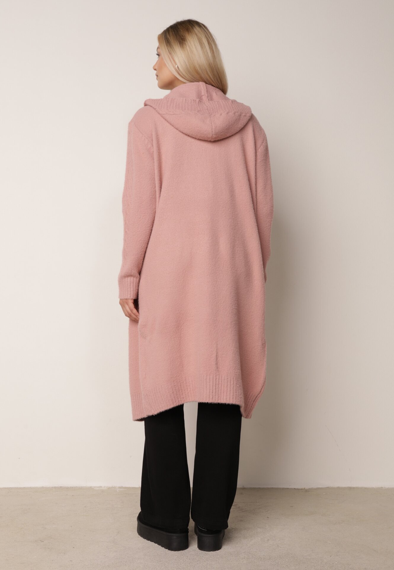 j&x Cardigan lung descheiat cu lână și cu glugă Ciliafa Roz