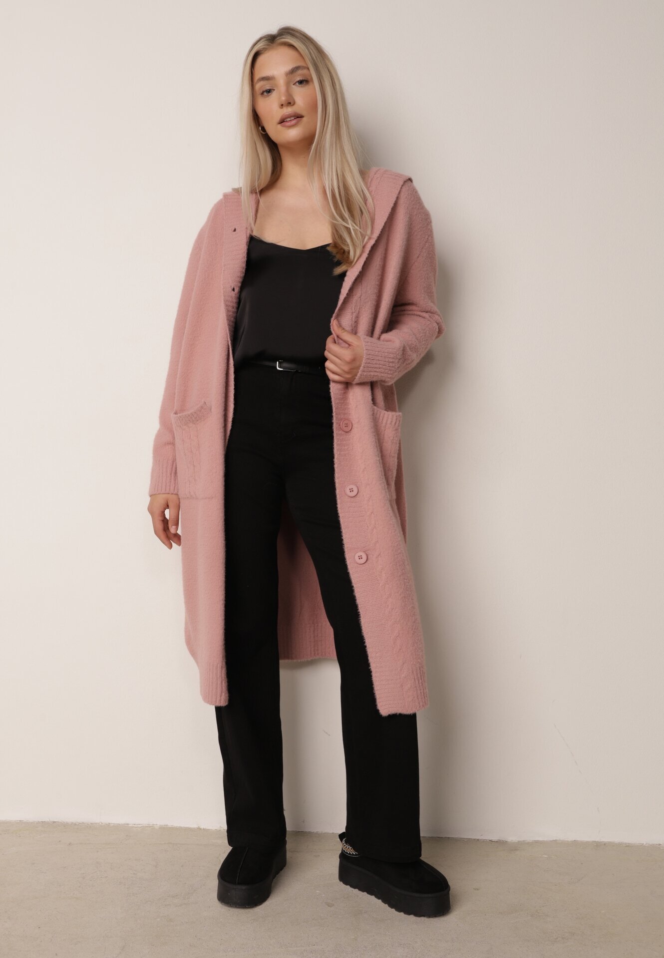 j&x Cardigan lung descheiat cu lână și cu glugă Ciliafa Roz