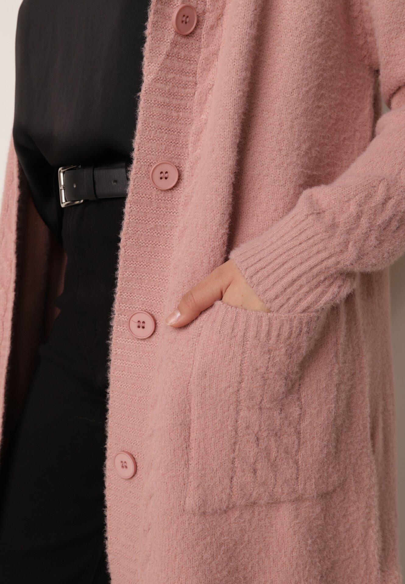 j&x Cardigan lung descheiat cu lână și cu glugă Ciliafa Roz
