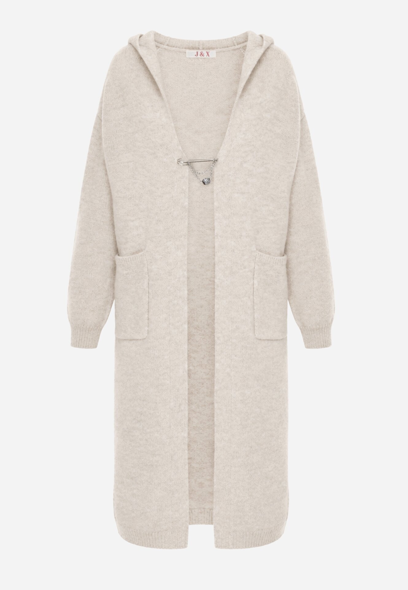 j&x Cardigan lung fără închidere cu lână cu glugă și broșă decorativă Saromia Bej