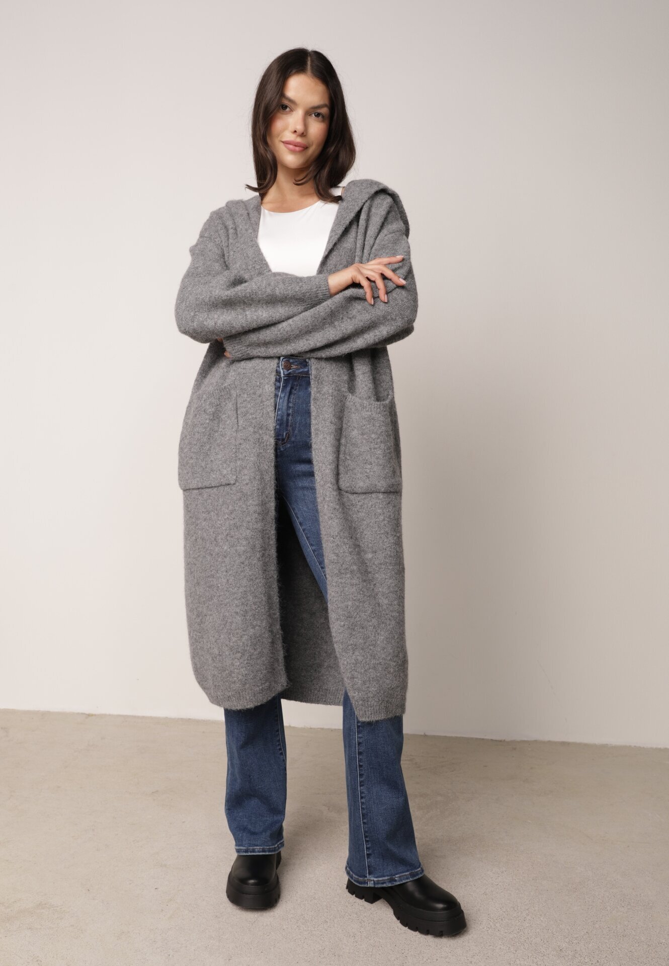 j&x Cardigan lung fără închidere cu lână cu glugă și broșă decorativă Saromia Gri
