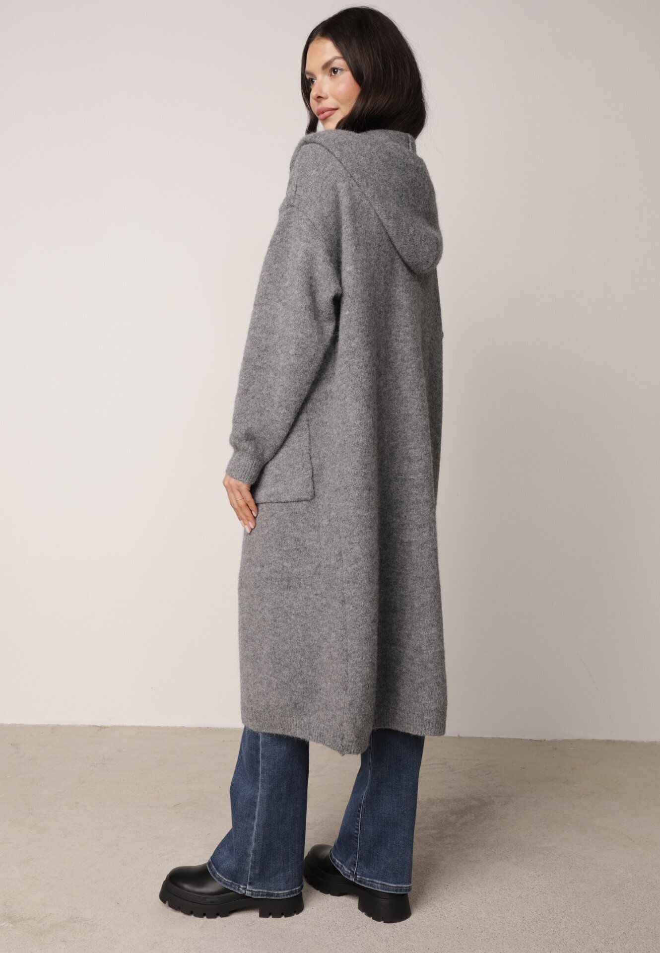 j&x Cardigan lung fără închidere cu lână cu glugă și broșă decorativă Saromia Gri