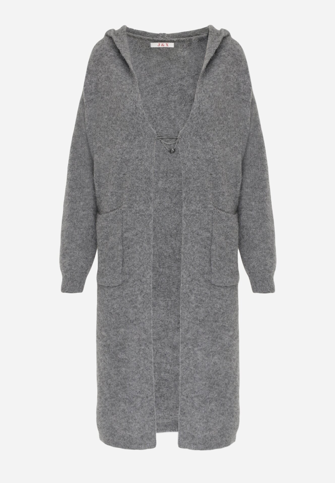 j&x Cardigan lung fără închidere cu lână cu glugă și broșă decorativă Saromia Gri