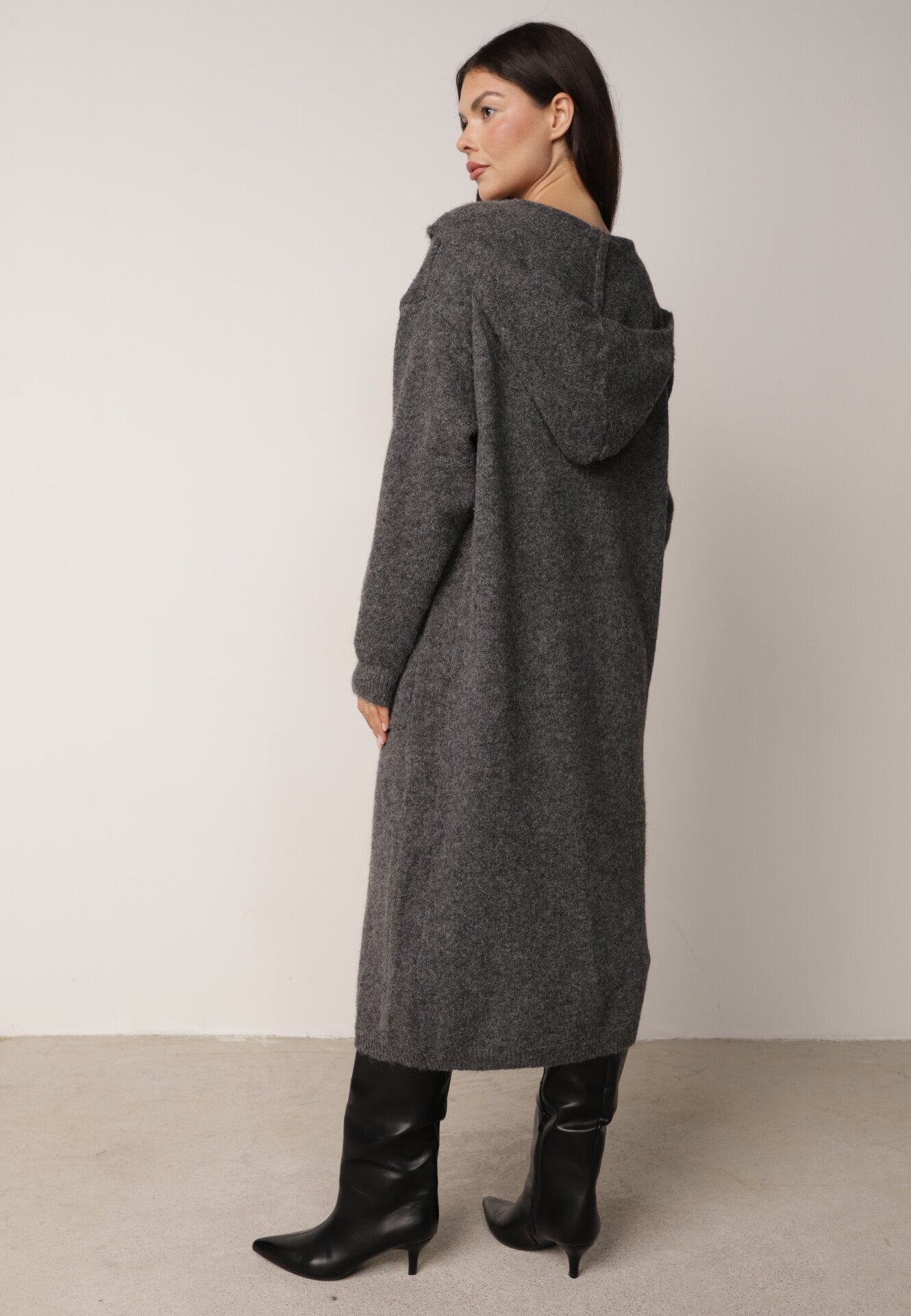 j&x Cardigan lung fără închidere cu lână cu glugă și broșă decorativă Saromia Gri închis