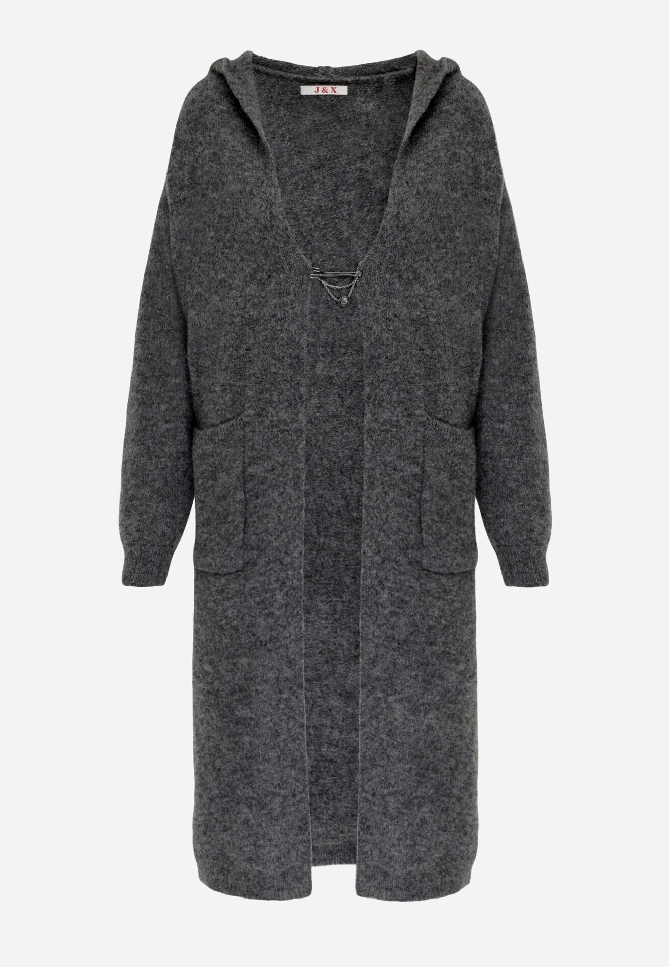 j&x Cardigan lung fără închidere cu lână cu glugă și broșă decorativă Saromia Gri închis