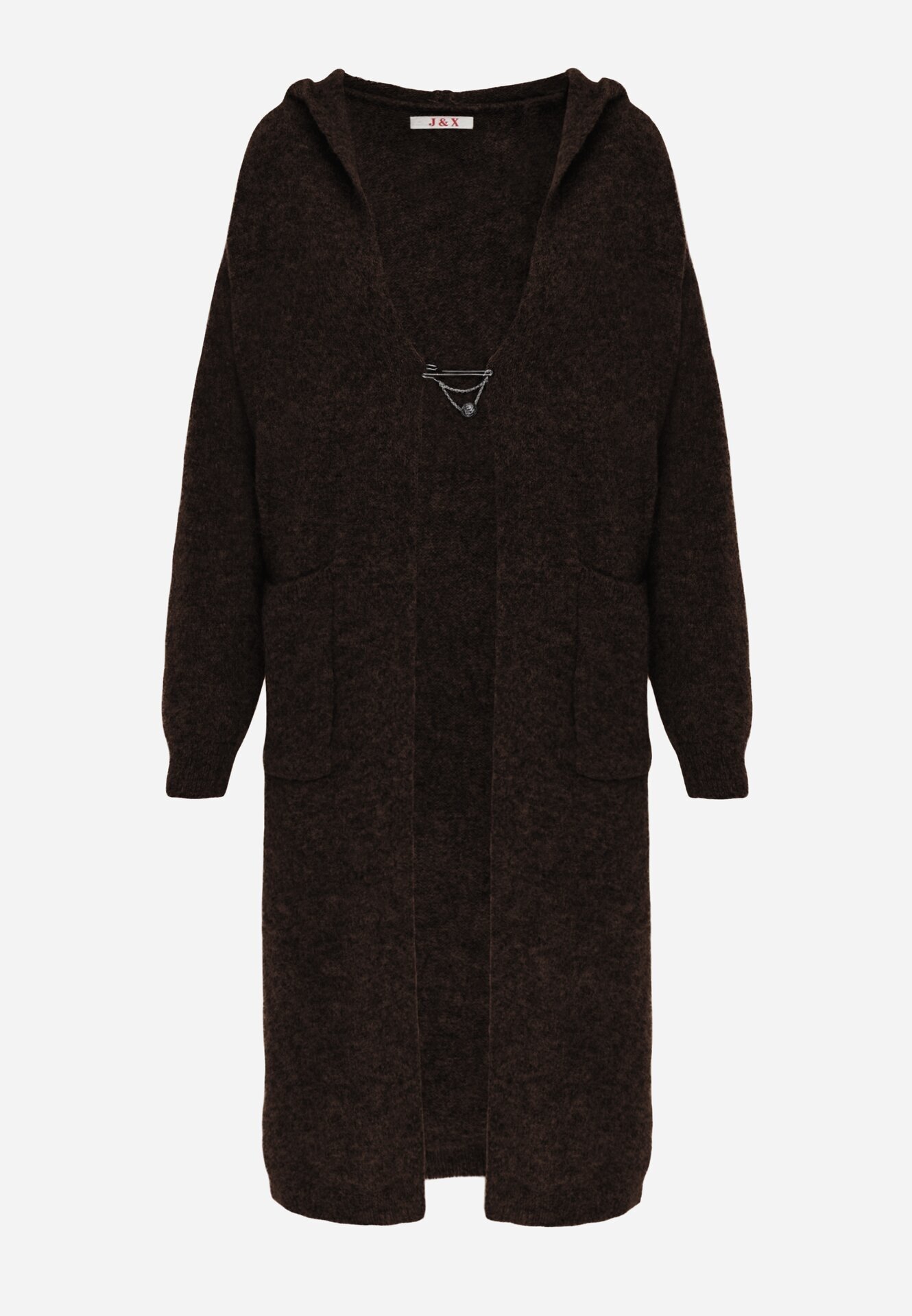 j&x Cardigan lung fără închidere cu lână cu glugă și broșă decorativă Saromia Maro