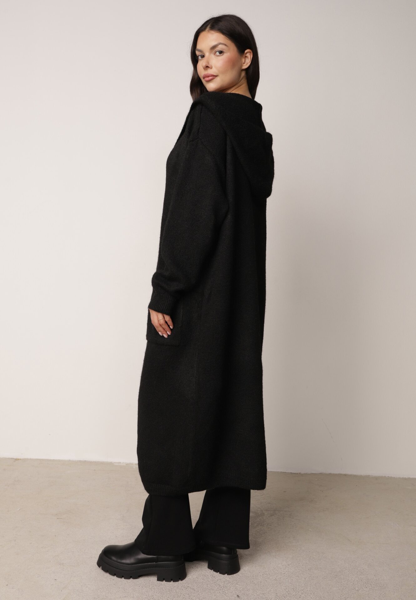 j&x Cardigan lung fără închidere cu lână cu glugă și broșă decorativă Saromia Negru