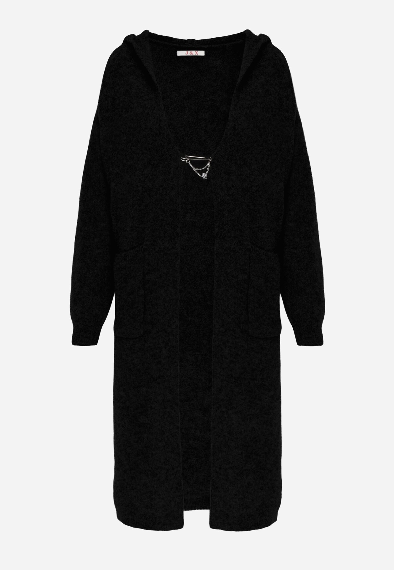 j&x Cardigan lung fără închidere cu lână cu glugă și broșă decorativă Saromia Negru