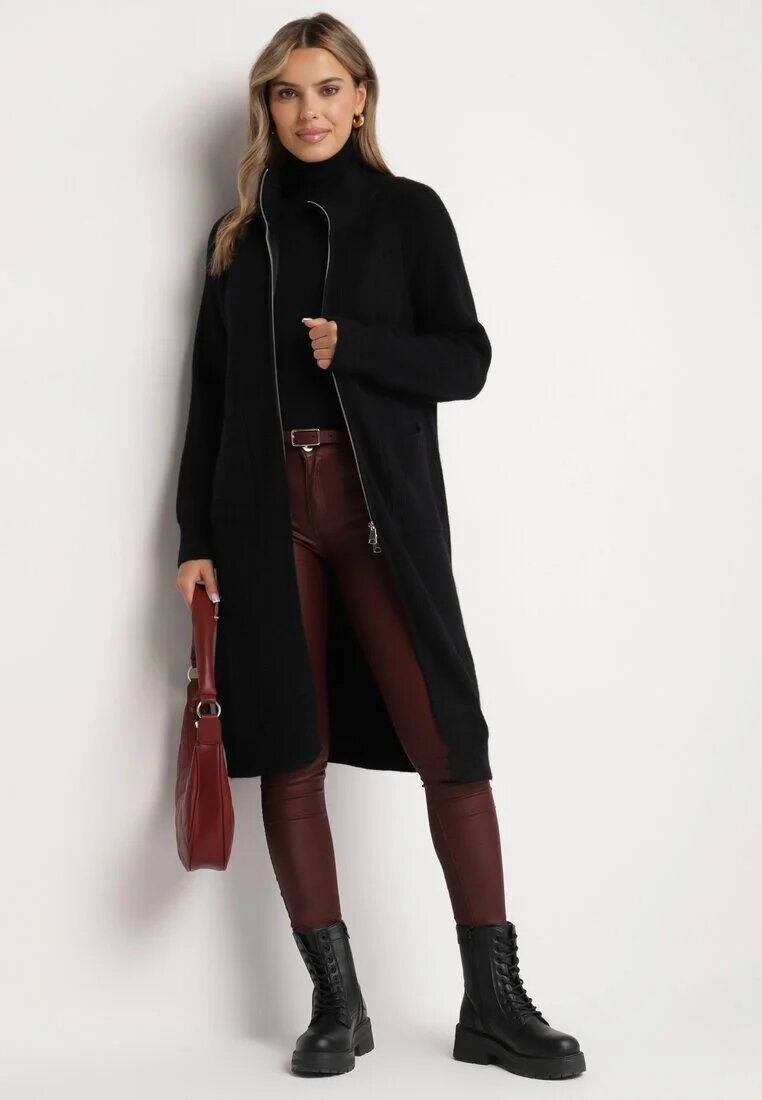 j&x Cardigan Negru din Lână cu Croială Dreaptă Lungă cu Guler Înalt cu Fermoar Boniala