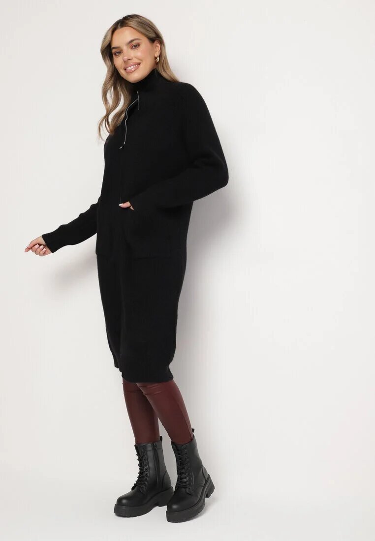 j&x Cardigan Negru din Lână cu Croială Dreaptă Lungă cu Guler Înalt cu Fermoar Boniala