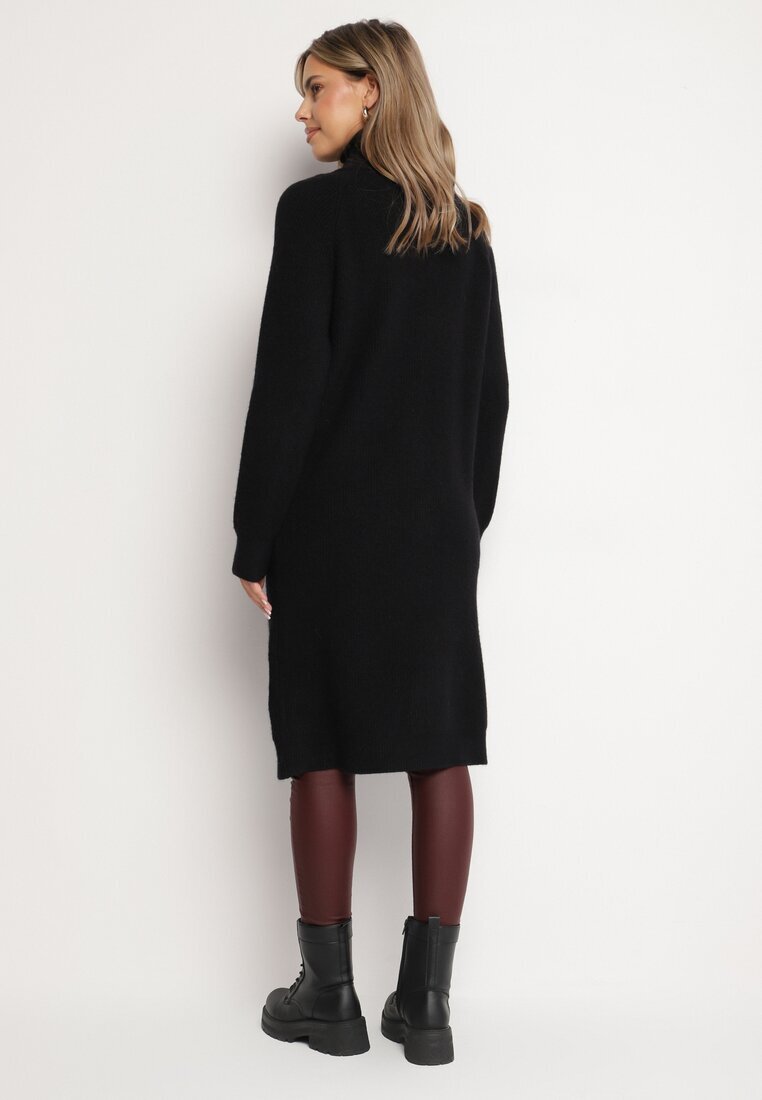 j&x Cardigan Negru din Lână cu Croială Dreaptă Lungă cu Guler Înalt cu Fermoar Boniala