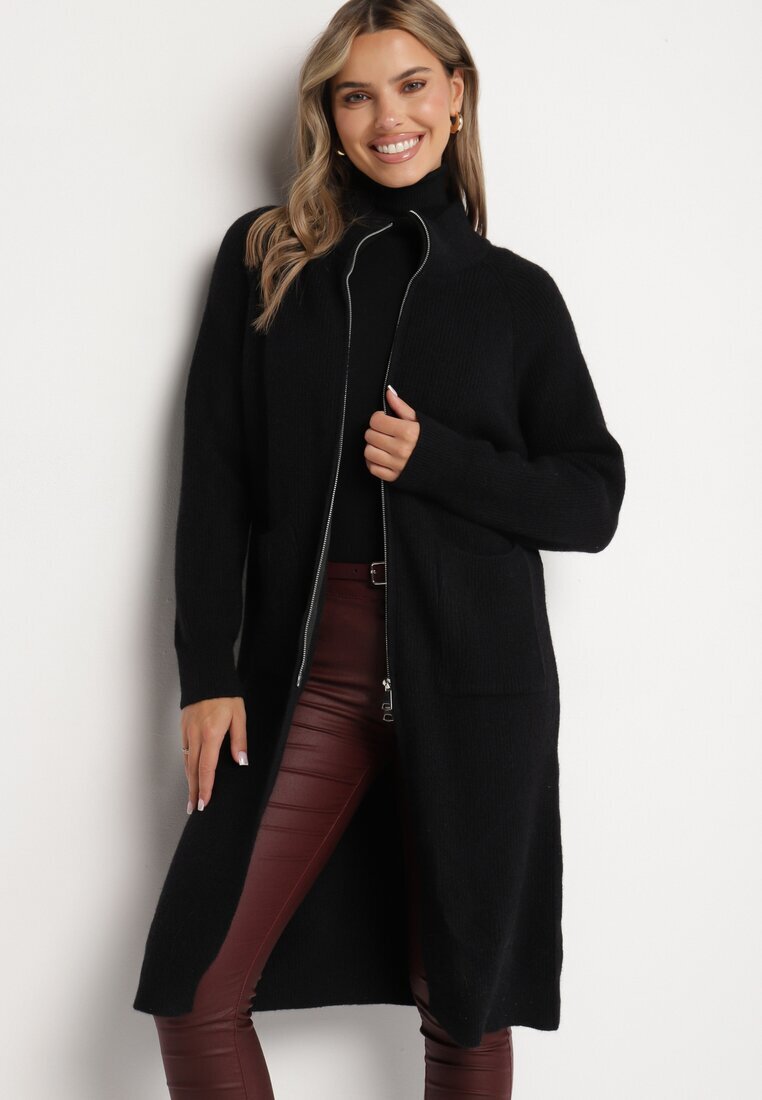 j&x Cardigan Negru din Lână cu Croială Dreaptă Lungă cu Guler Înalt cu Fermoar Boniala