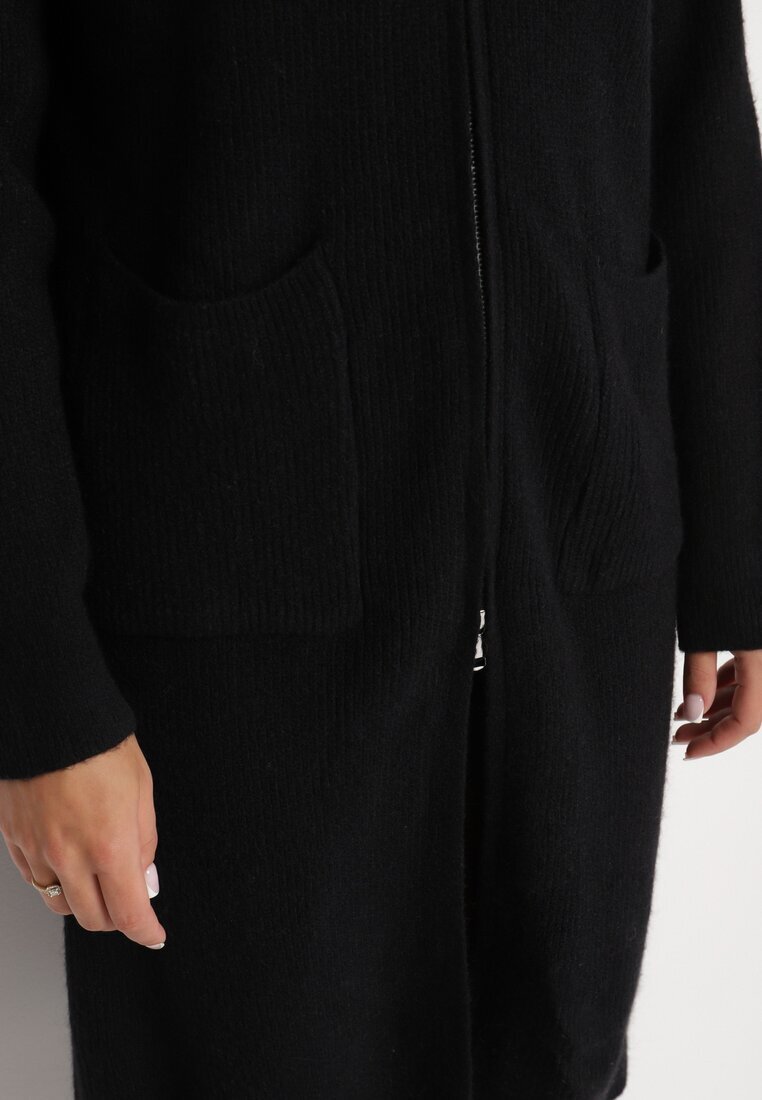 j&x Cardigan Negru din Lână cu Croială Dreaptă Lungă cu Guler Înalt cu Fermoar Boniala