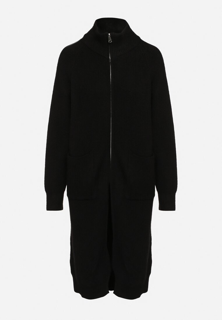 j&x Cardigan Negru din Lână cu Croială Dreaptă Lungă cu Guler Înalt cu Fermoar Boniala