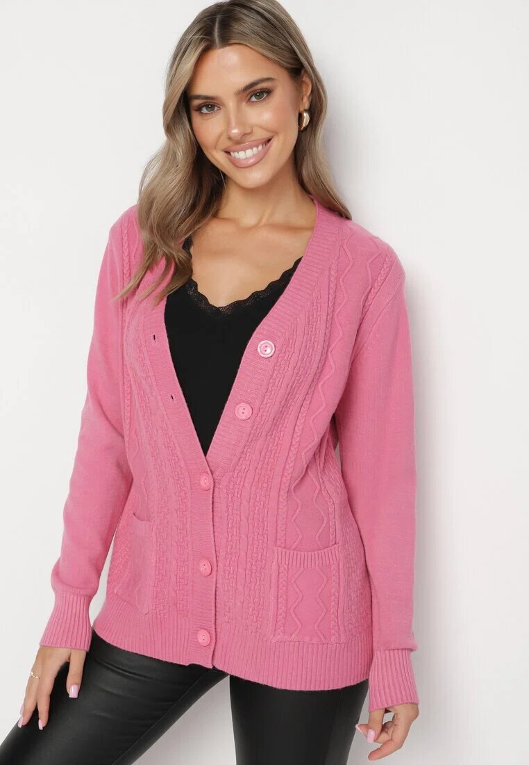 j&x Cardigan Roz închis din Bumbac cu Buzunare și Reliefuri Mevalee