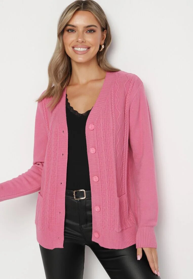 j&x Cardigan Roz închis din Bumbac cu Buzunare și Reliefuri Mevalee