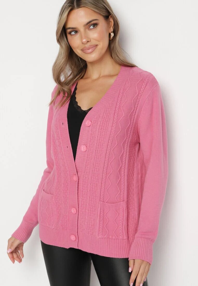 j&x Cardigan Roz închis din Bumbac cu Buzunare și Reliefuri Mevalee