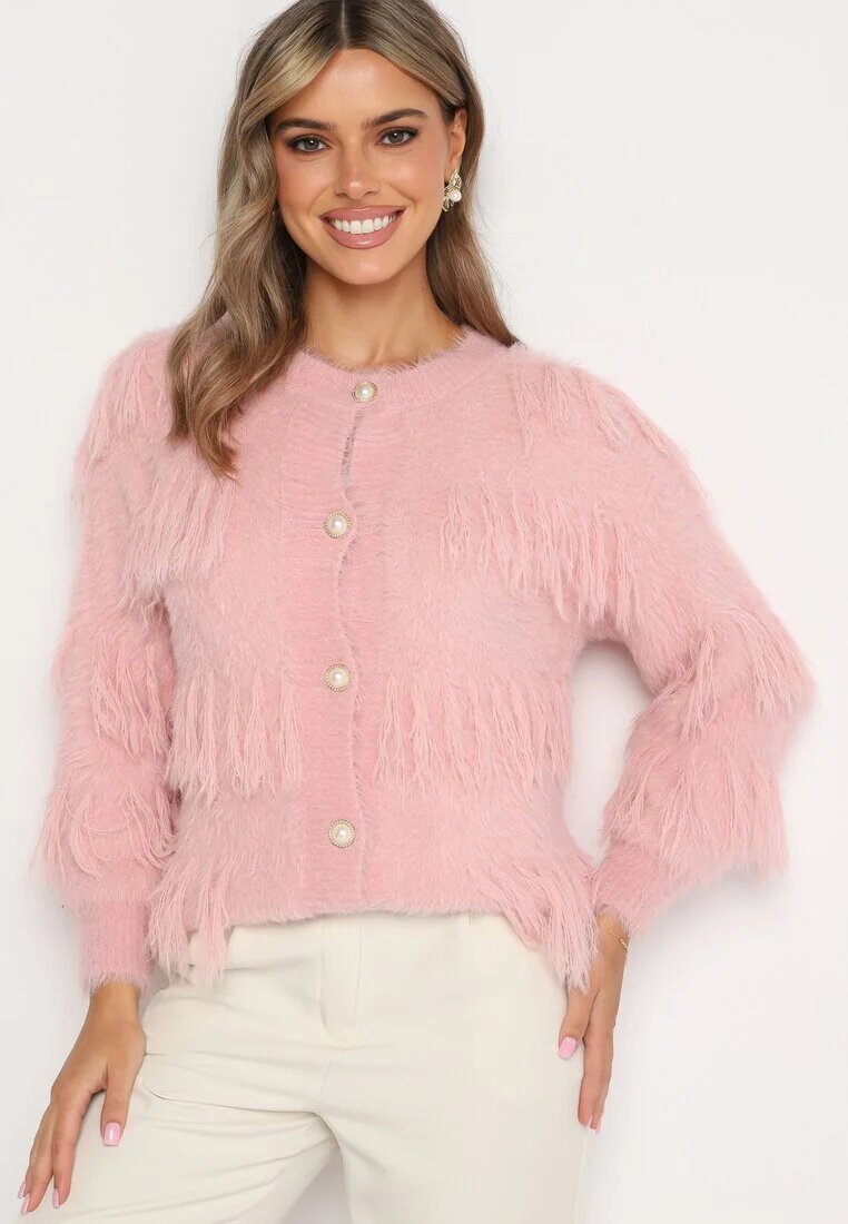 j&x Cardigan Roz Pufoș Clasic cu Lână și Ciucuri Încheiat cu nasturi Mavessa