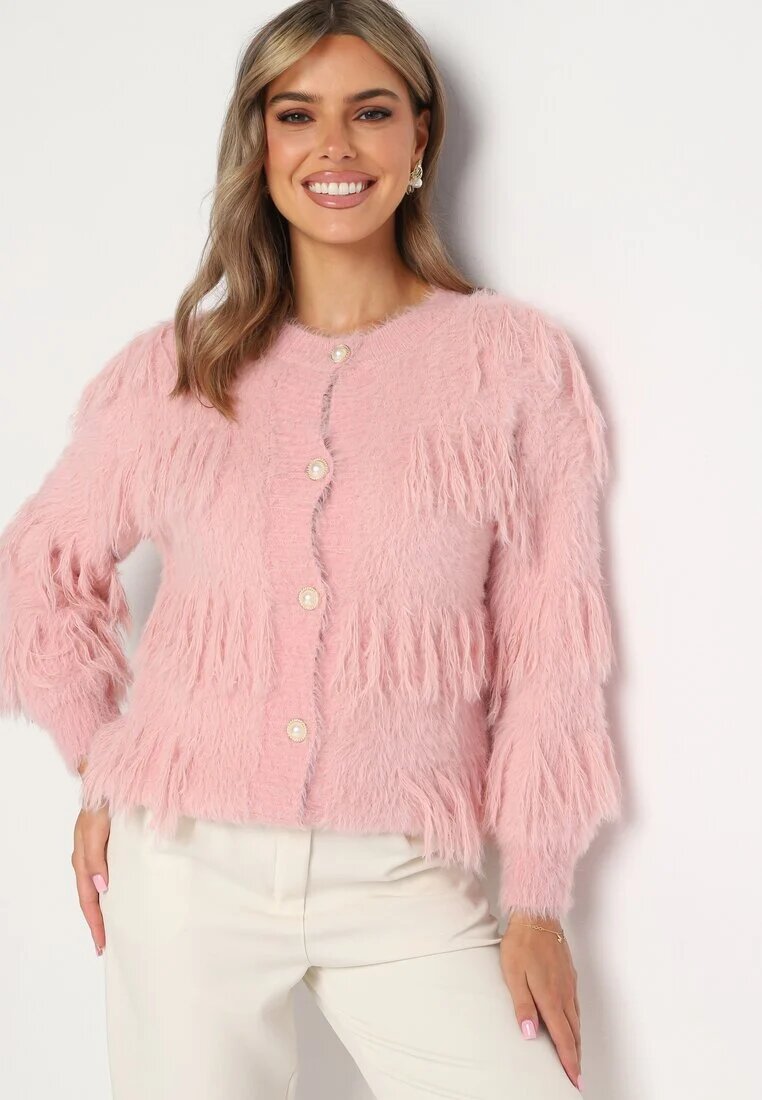 j&x Cardigan Roz Pufoș Clasic cu Lână și Ciucuri Încheiat cu nasturi Mavessa