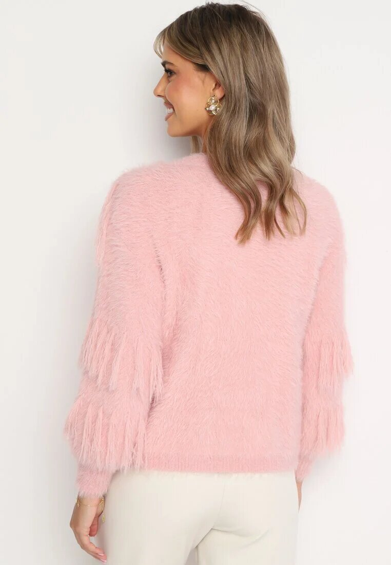 j&x Cardigan Roz Pufoș Clasic cu Lână și Ciucuri Încheiat cu nasturi Mavessa