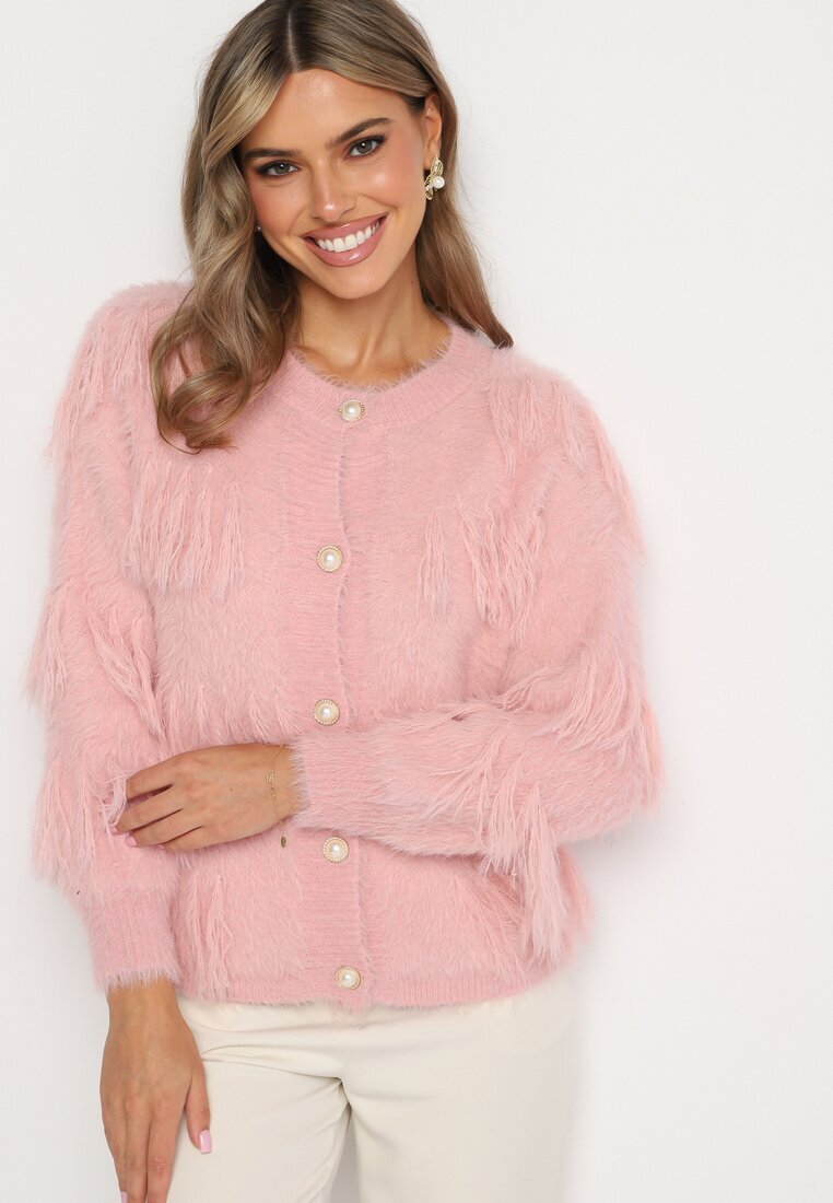 j&x Cardigan Roz Pufoș Clasic cu Lână și Ciucuri Încheiat cu nasturi Mavessa