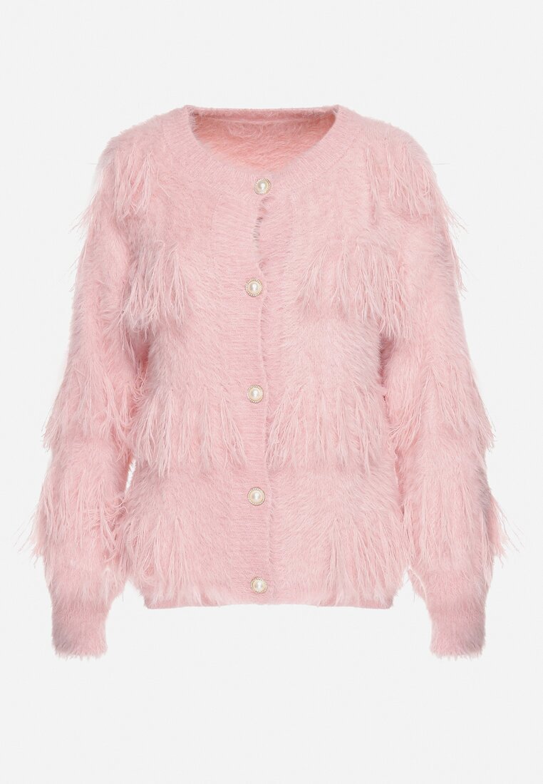 j&x Cardigan Roz Pufoș Clasic cu Lână și Ciucuri Încheiat cu nasturi Mavessa