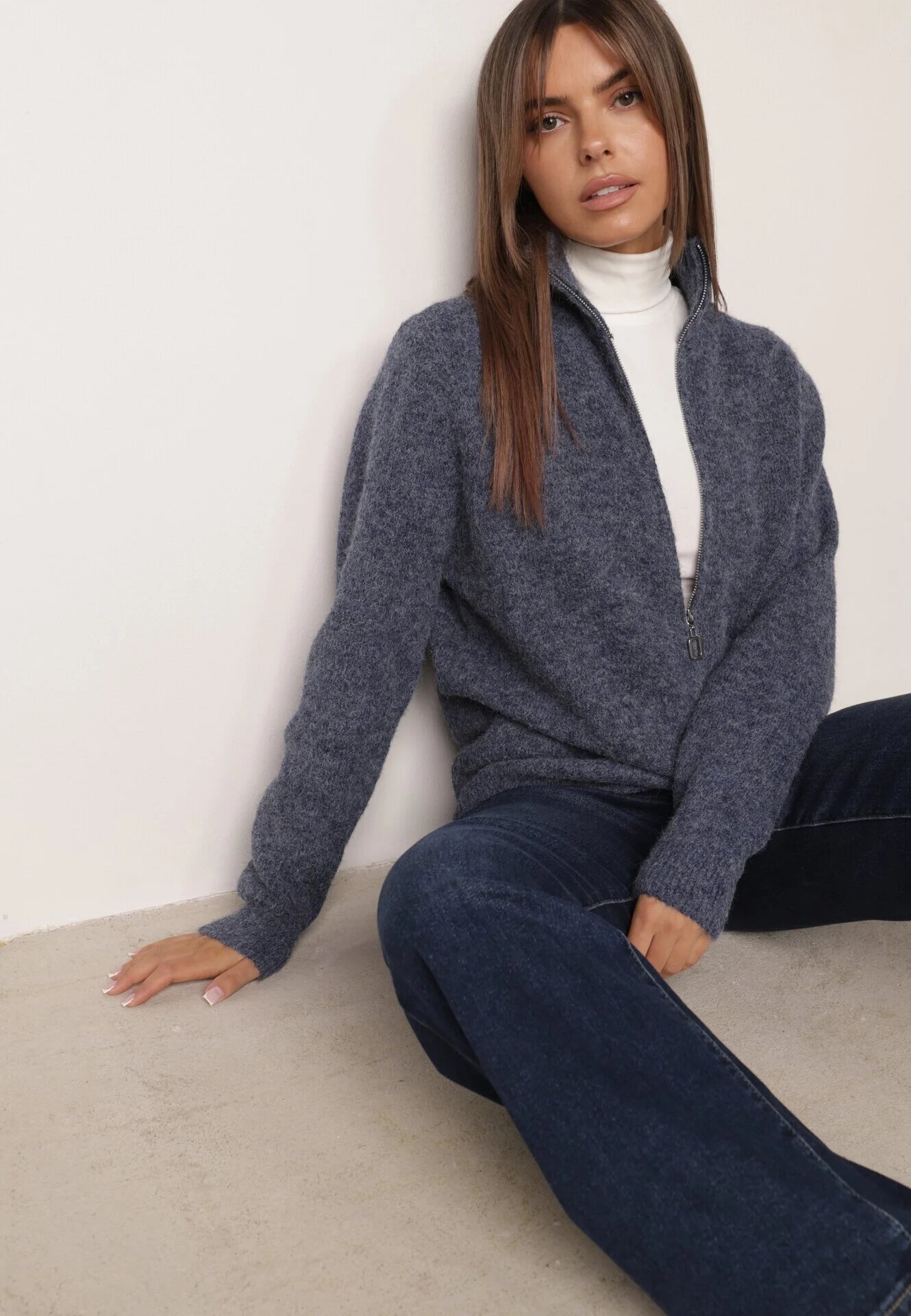 j&x Cardigan simplu cu fermoar cu guler tip tunică din tricot cu lână și bumbac Corraine Albastru