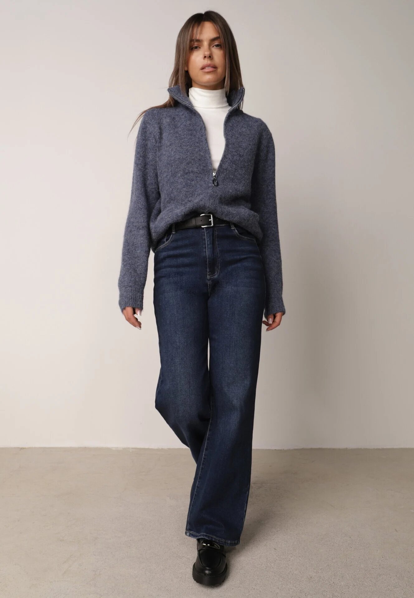 j&x Cardigan simplu cu fermoar cu guler tip tunică din tricot cu lână și bumbac Corraine Albastru