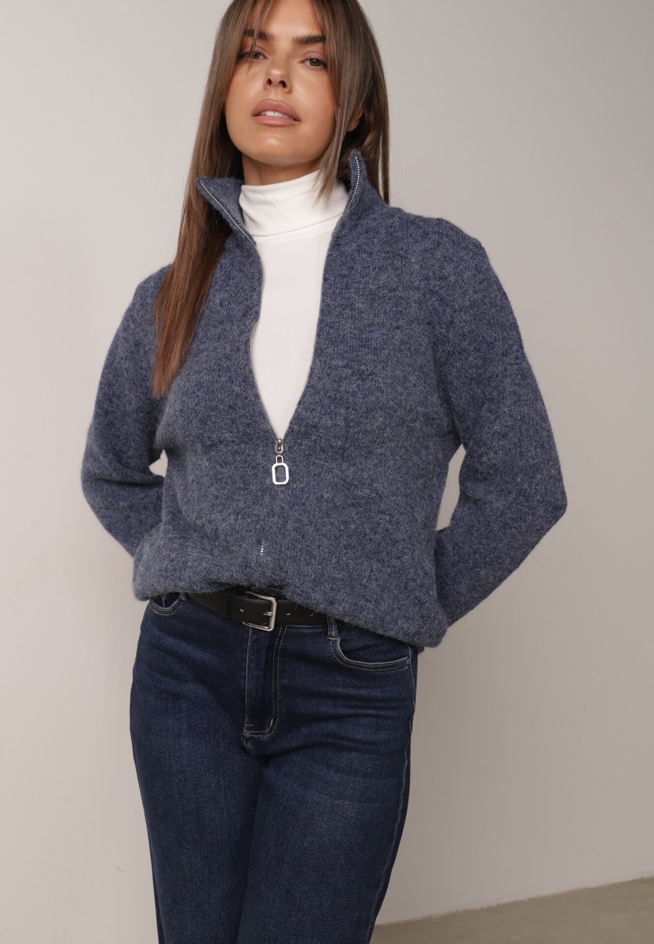 j&x Cardigan simplu cu fermoar cu guler tip tunică din tricot cu lână și bumbac Corraine Albastru