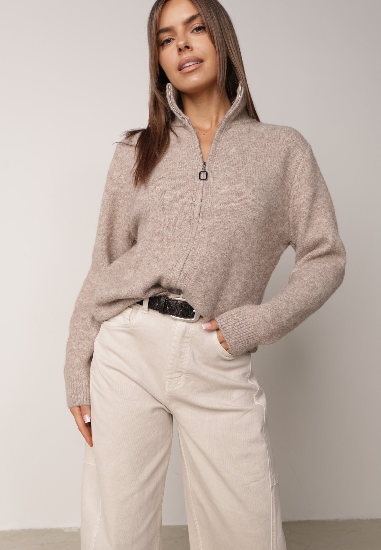 j&x Cardigan simplu cu fermoar cu guler tip tunică din tricot cu lână și bumbac Corraine Bej