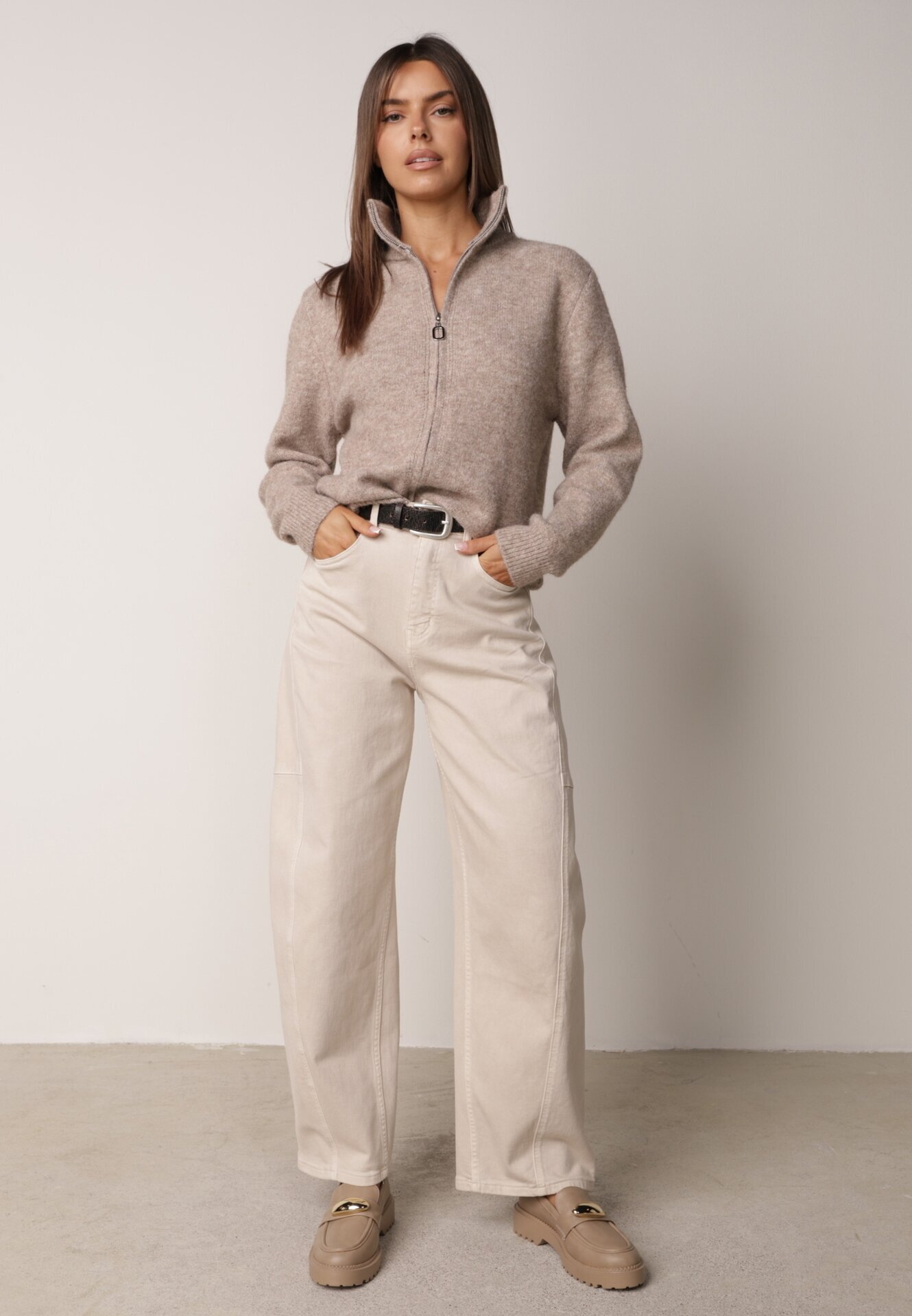 j&x Cardigan simplu cu fermoar cu guler tip tunică din tricot cu lână și bumbac Corraine Bej