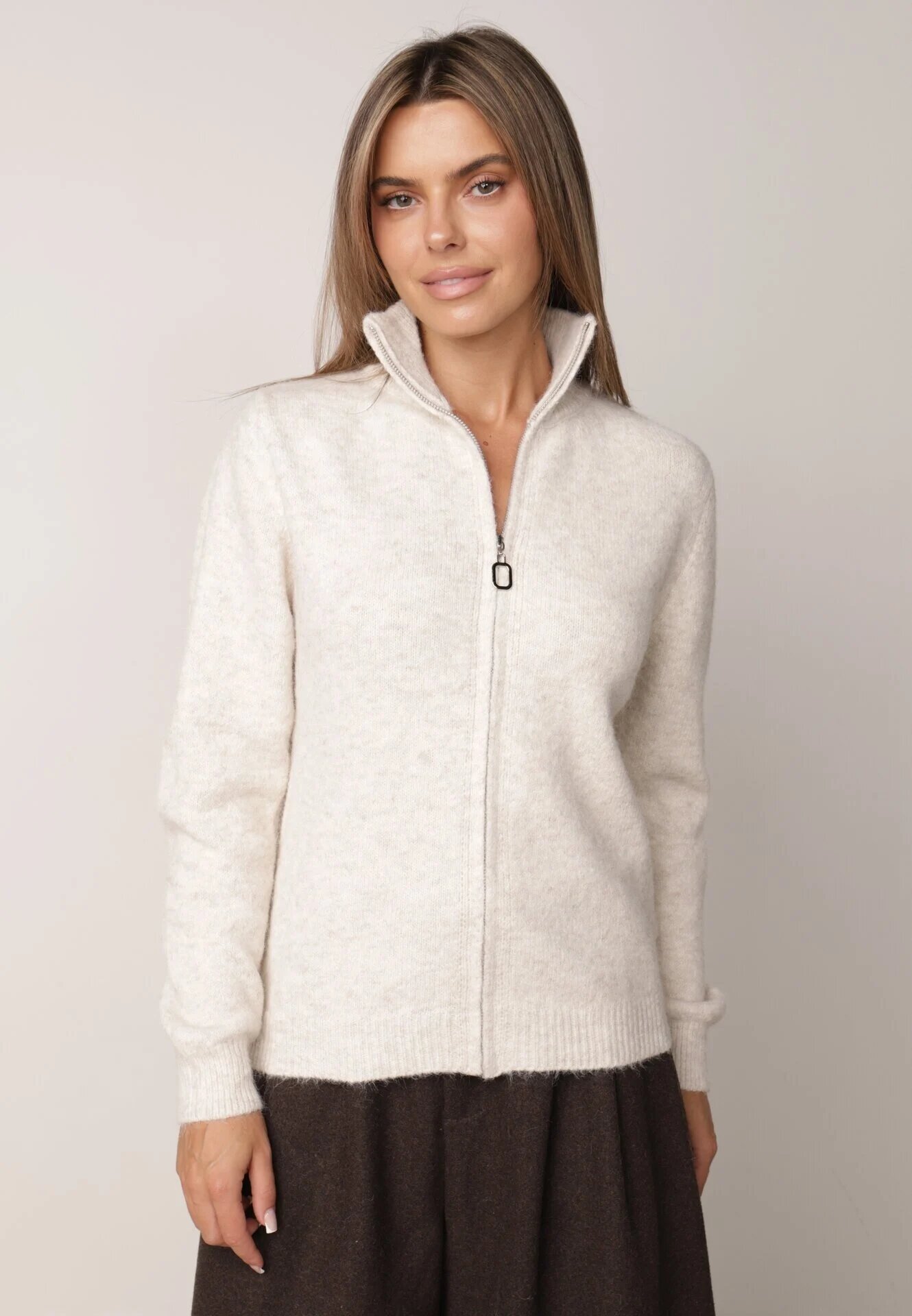 j&x Cardigan simplu cu fermoar cu guler tip tunică din tricot cu lână și bumbac Corraine Bej deschis