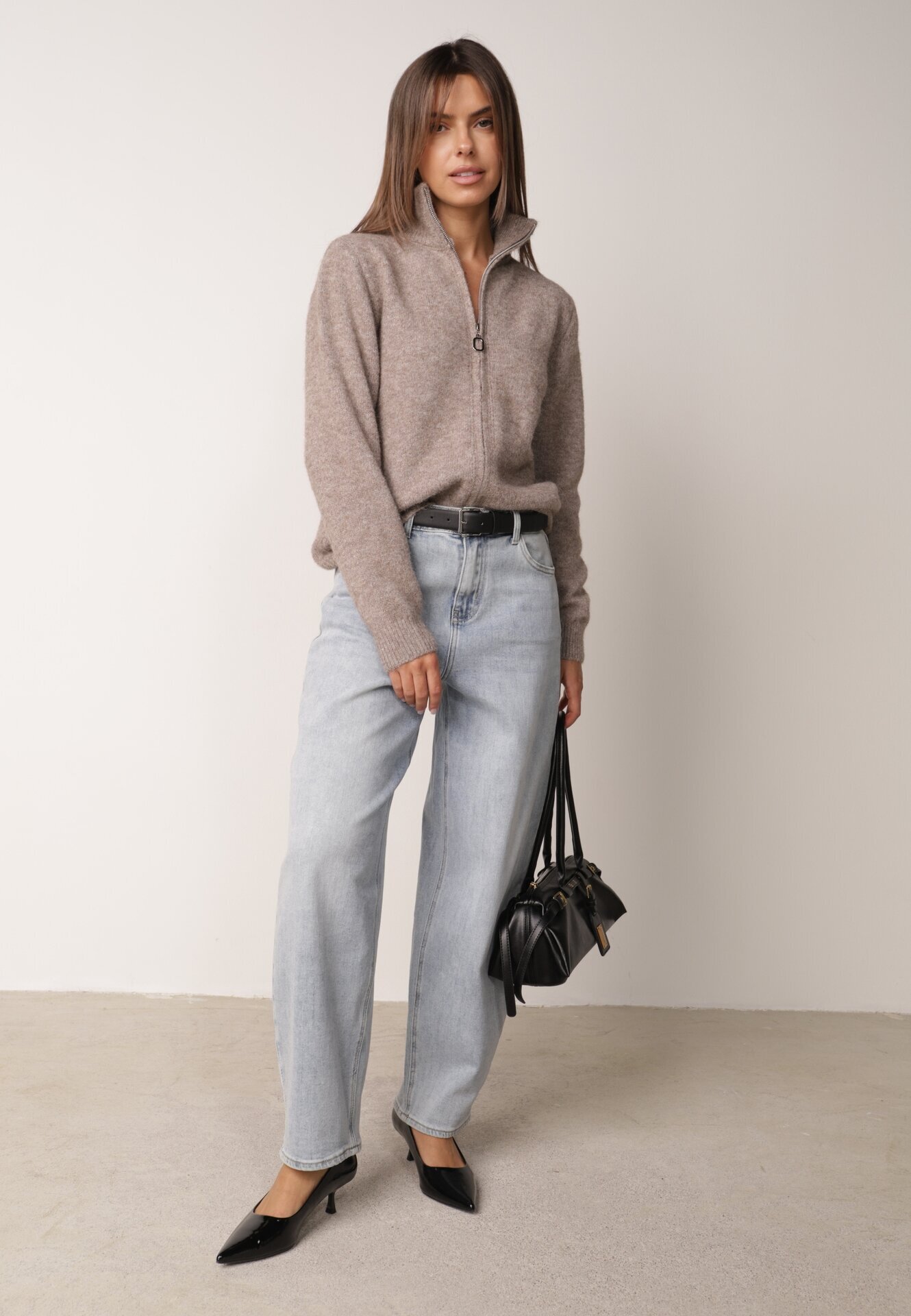 j&x Cardigan simplu cu fermoar cu guler tip tunică din tricot cu lână și bumbac Corraine Bej închis