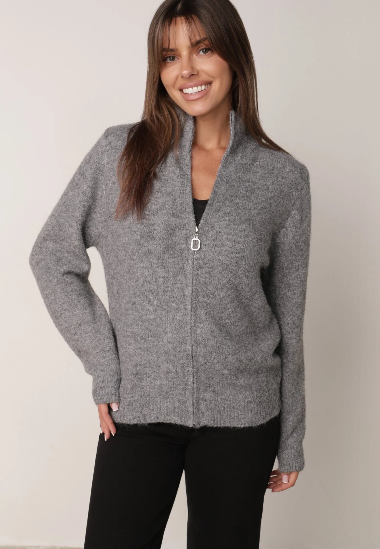 j&x Cardigan simplu cu fermoar cu guler tip tunică din tricot cu lână și bumbac Corraine Gri