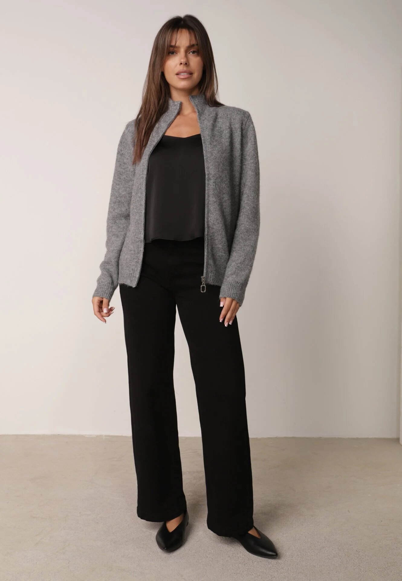 j&x Cardigan simplu cu fermoar cu guler tip tunică din tricot cu lână și bumbac Corraine Gri