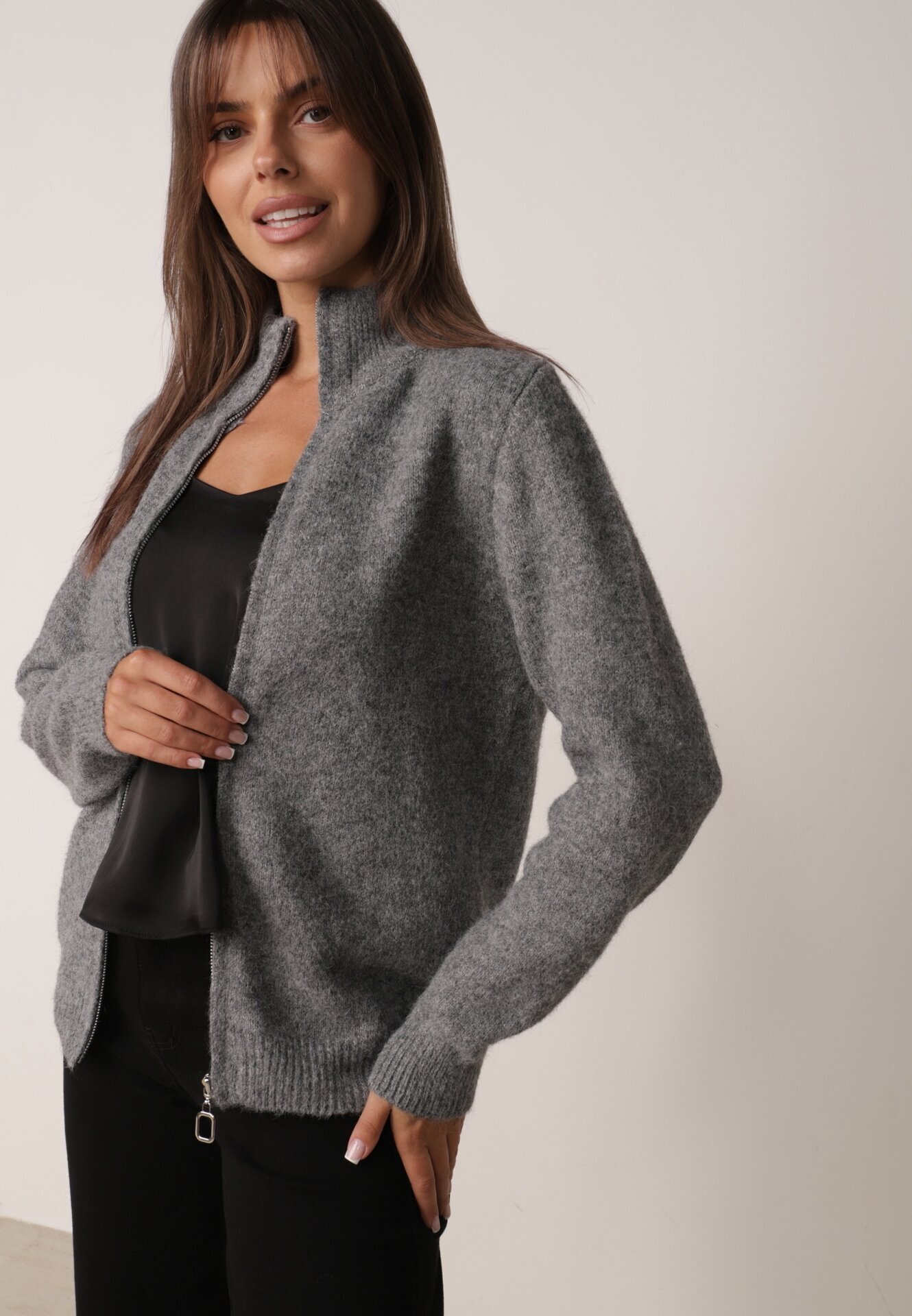 j&x Cardigan simplu cu fermoar cu guler tip tunică din tricot cu lână și bumbac Corraine Gri