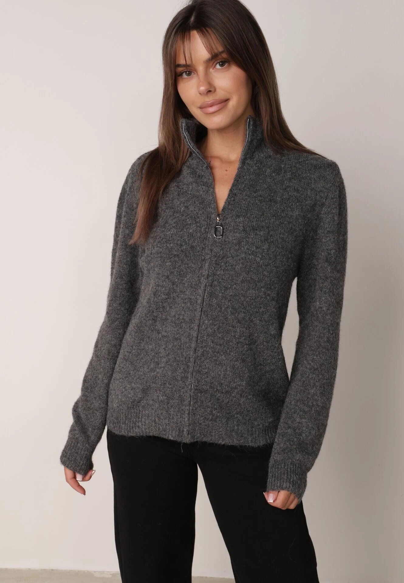 j&x Cardigan simplu cu fermoar cu guler tip tunică din tricot cu lână și bumbac Corraine Gri închis